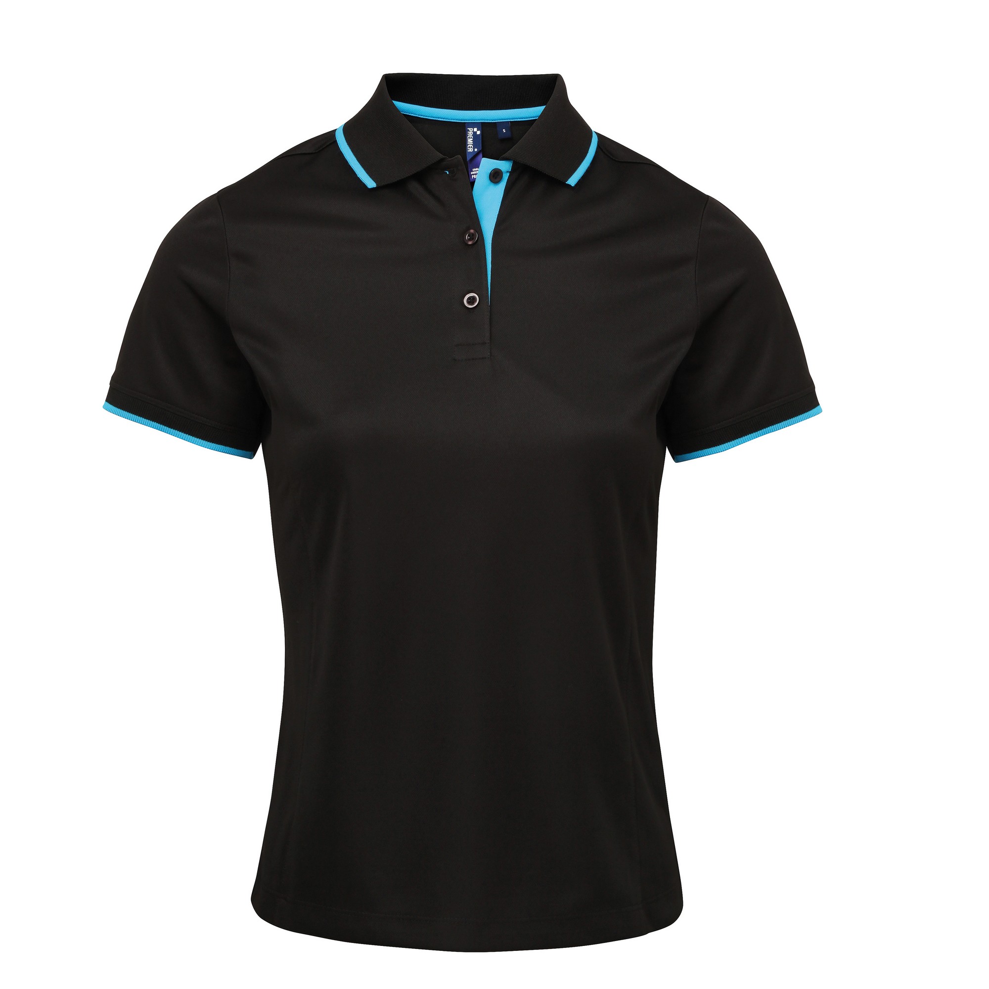 Premier Womens/Ladies Contrast Coolchecker Polo Shirt (Black/Turquoise) - Black/Blue - Size Small