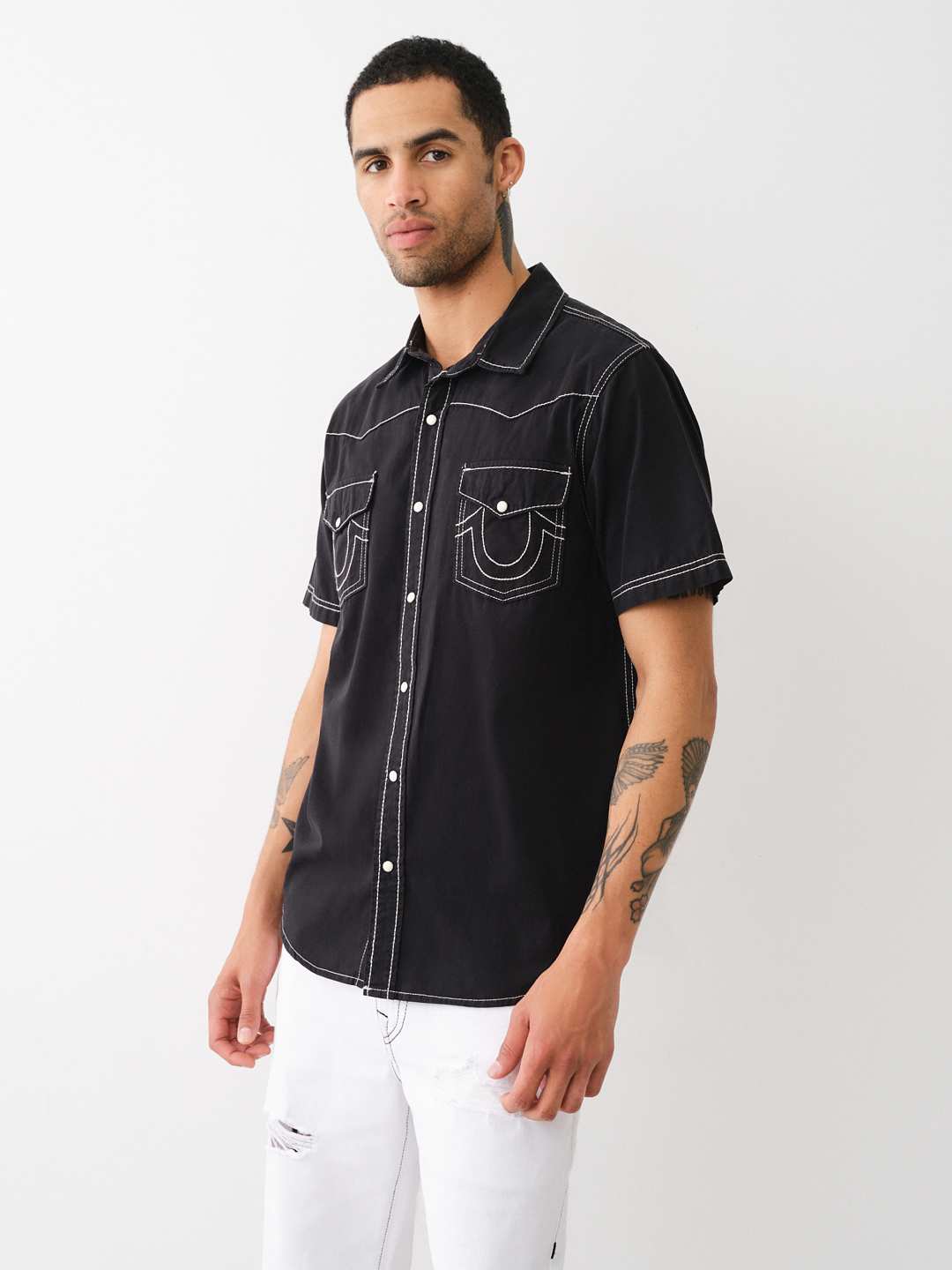 True Religion Mens Short Sleeve Dyed Big T Western Shirt in Black - Size X-Small