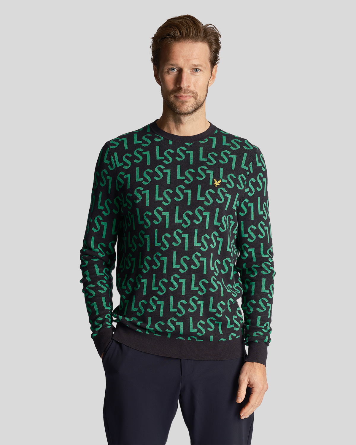 Thumbnail - Lyle & Scott Herren-Golfmonogramm-Strickpullover mit Rundhalsausschnitt in Marineblau