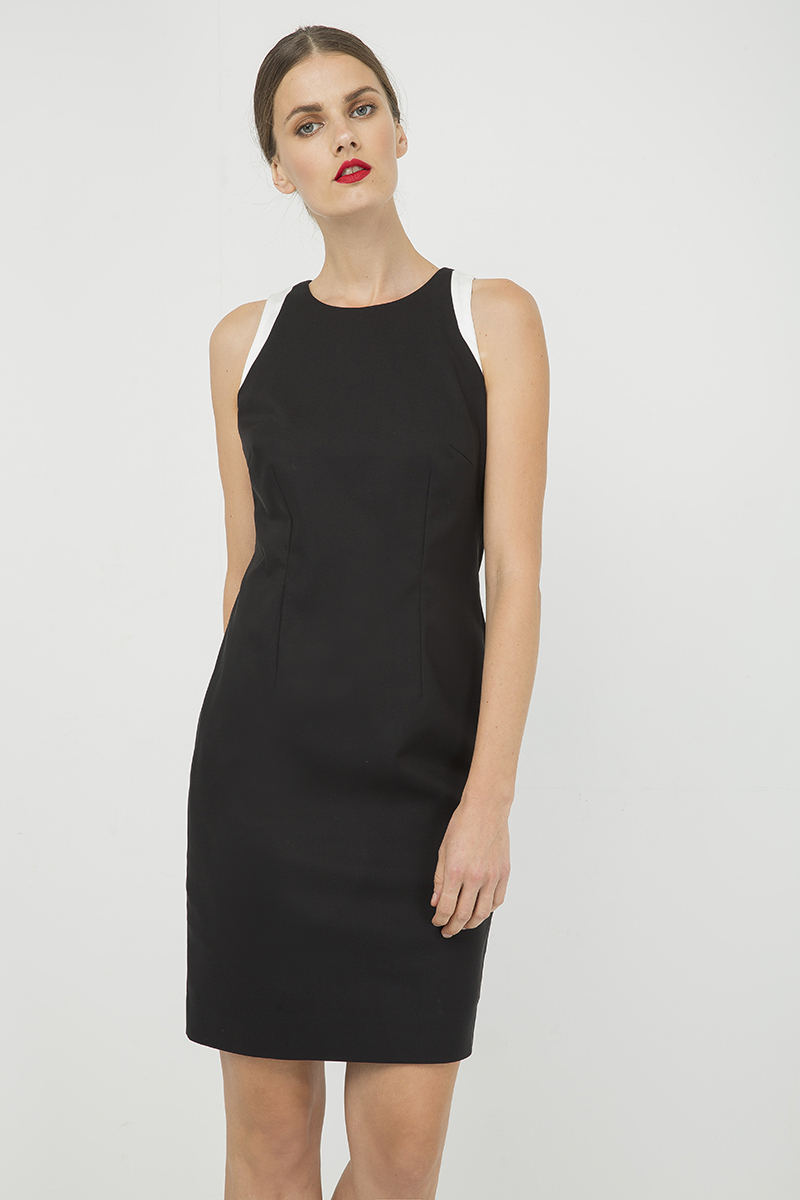 Thumbnail - Ärmelloses schwarzes Kleid mit Kontrastdetail