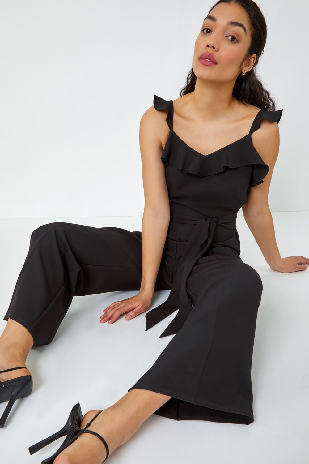 Dusk Womens Frill Detail Wide Leg Jumpsuit - Black - Size 10 UK