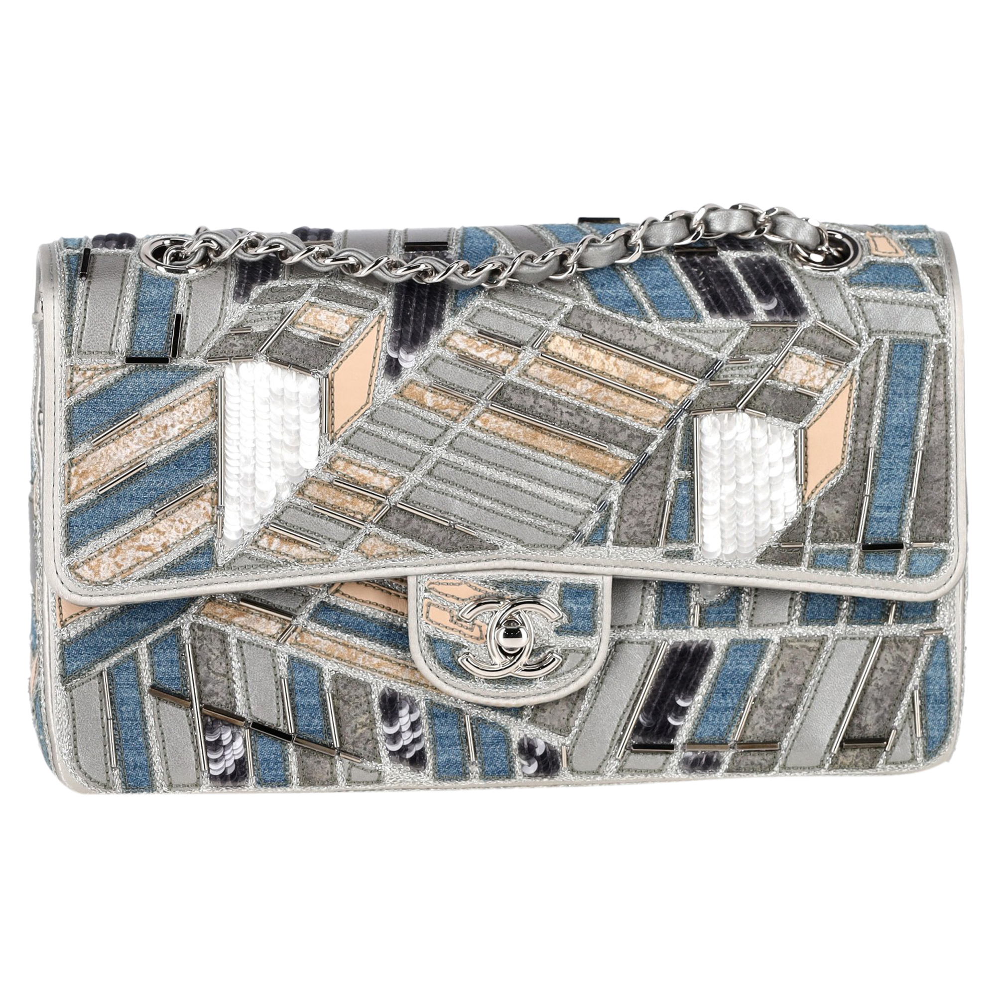 Chanel Pre-owned Chanel Medium Classic Patchwork Double Flap Schoudertas in Multicolor Denim