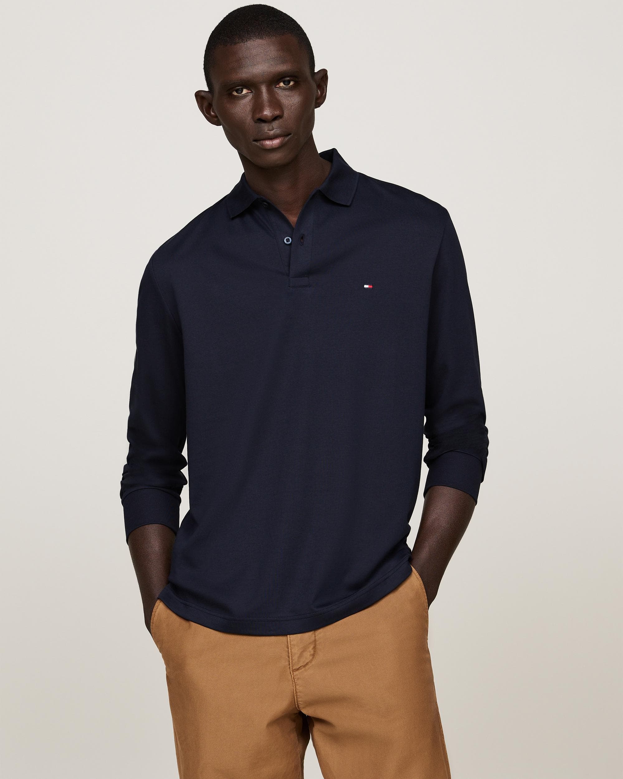 Tommy Hilfiger Liquid Cotton Mens Long Sleeve Polo - Navy - Size Large