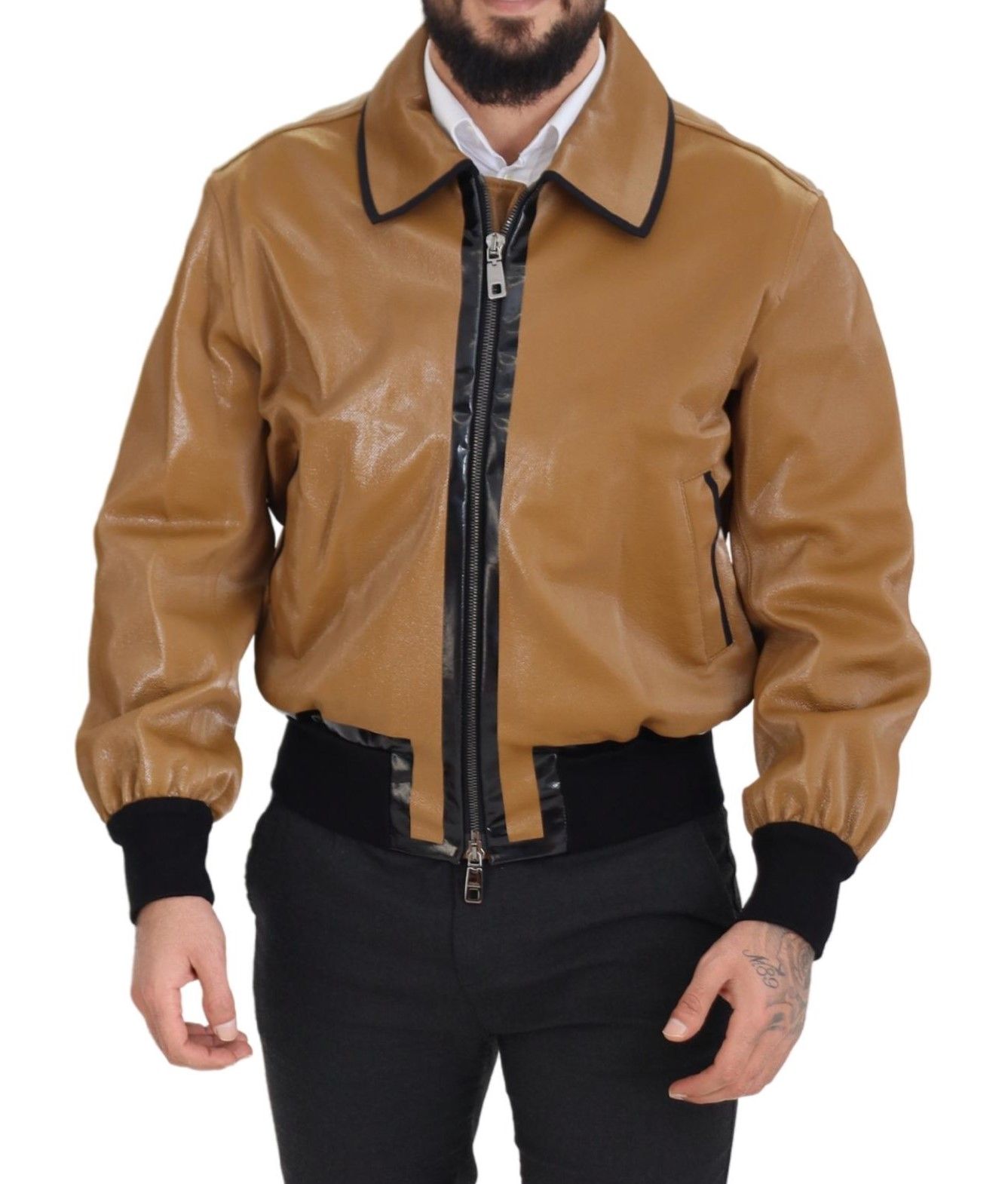 Thumbnail - Dolce & Gabbana Dunkelcamel Baumwolle Vollzip Blouson Herrenjacke