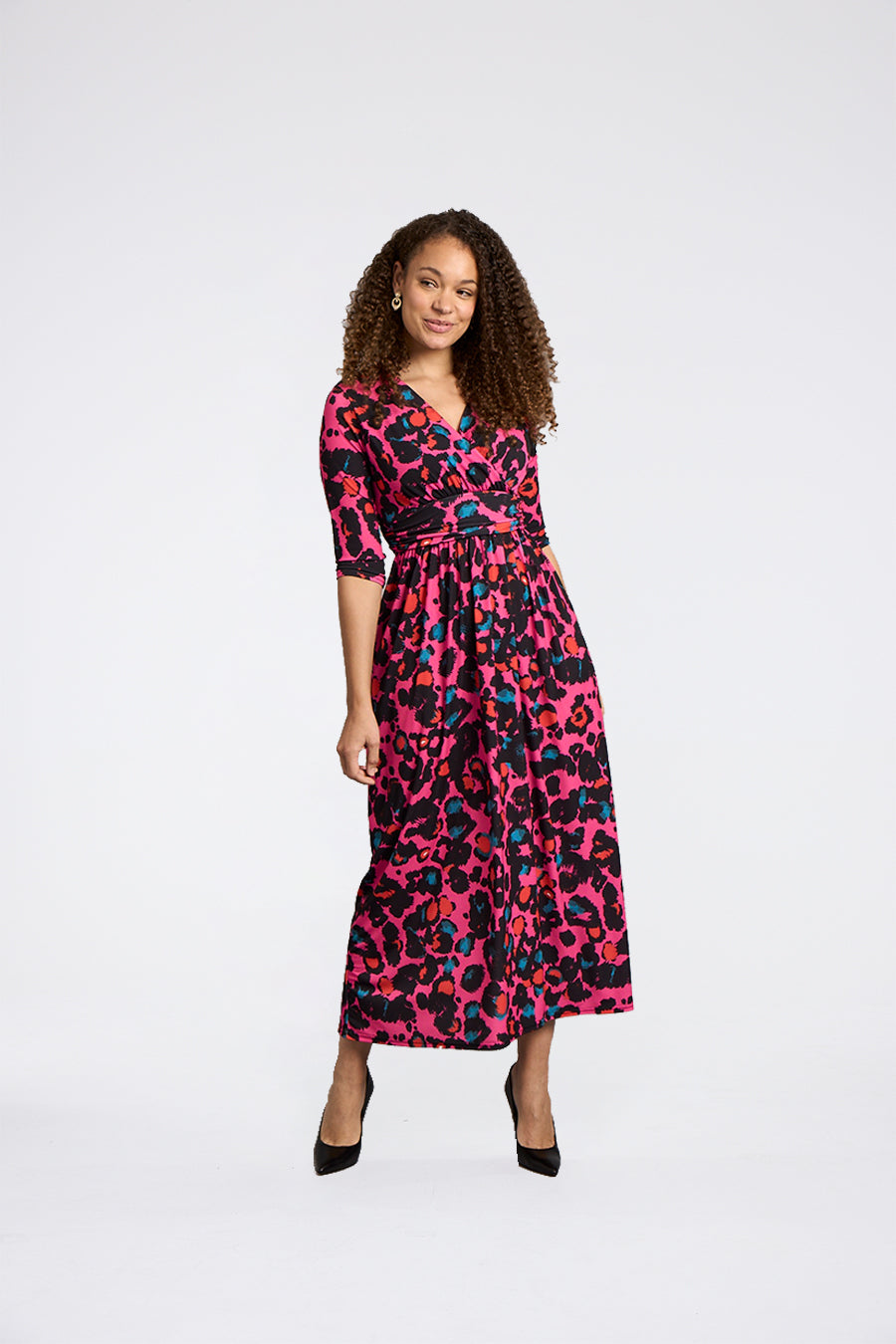 Thumbnail - Sonia V-Ausschnitt Wickelkleid - Rosa Leopard