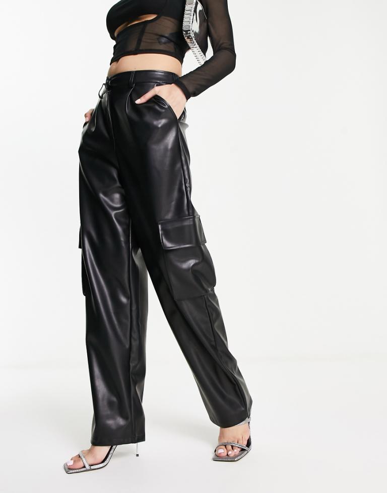 Miss Selfridge Womens faux leather wide leg cargo trouser in black - Size 4 UK