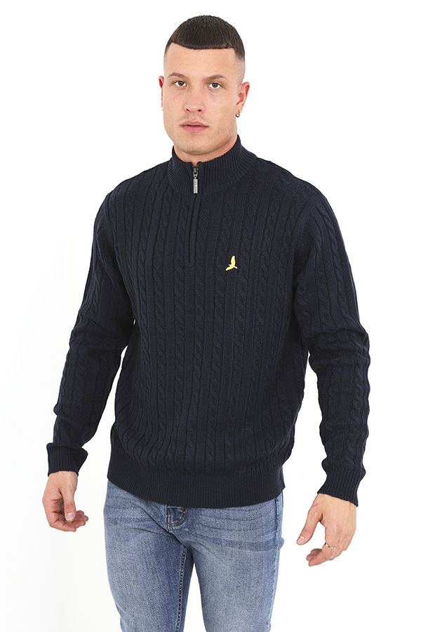 Brave Soul Mens Midnight 'August' Quarter Zip Neck Cable Knit Jumper - Navy - Size Small
