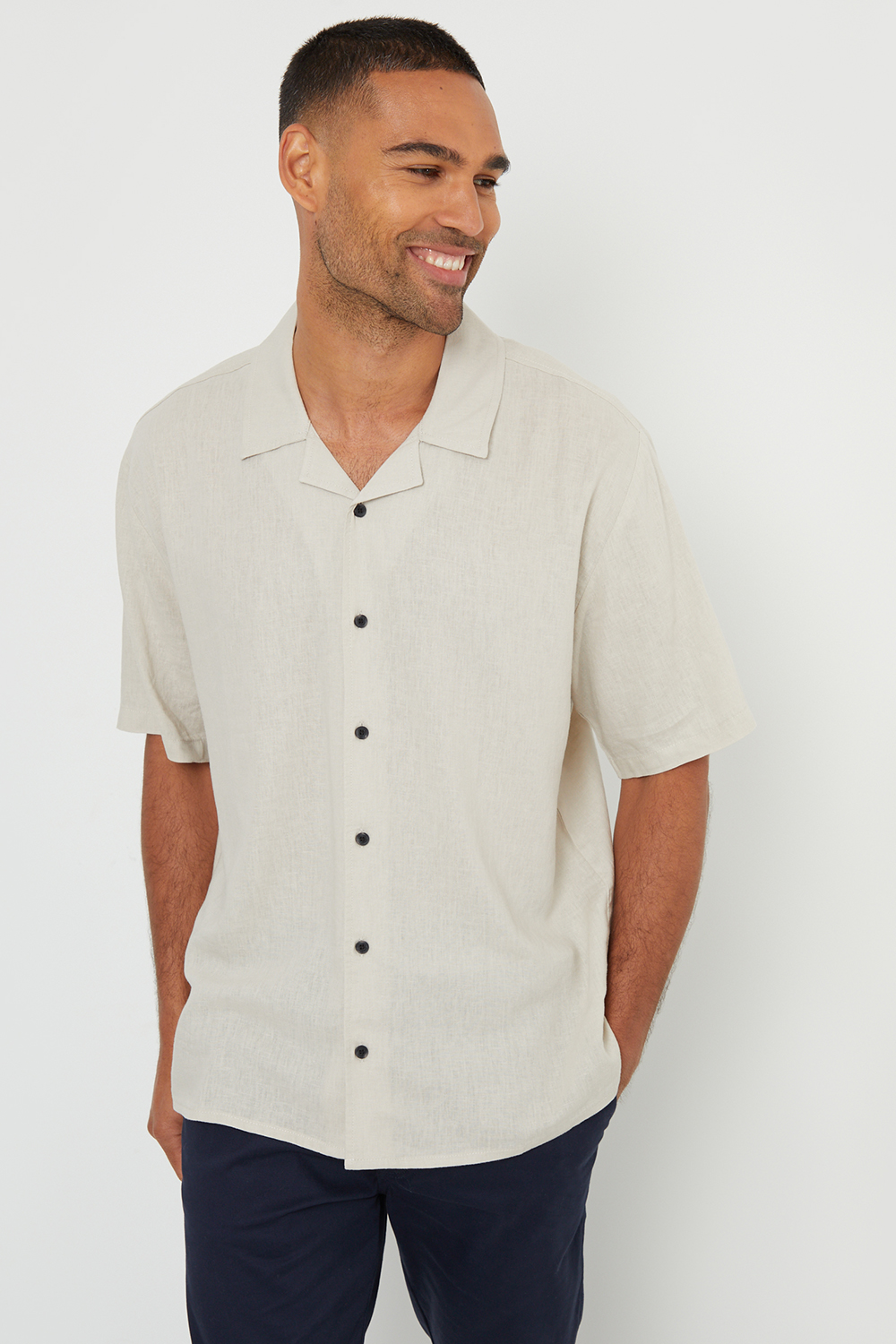 Threadbare Mens Stone 'Kylian' Linen Blend Revere Collar Short Sleeve Shirt - Size Small