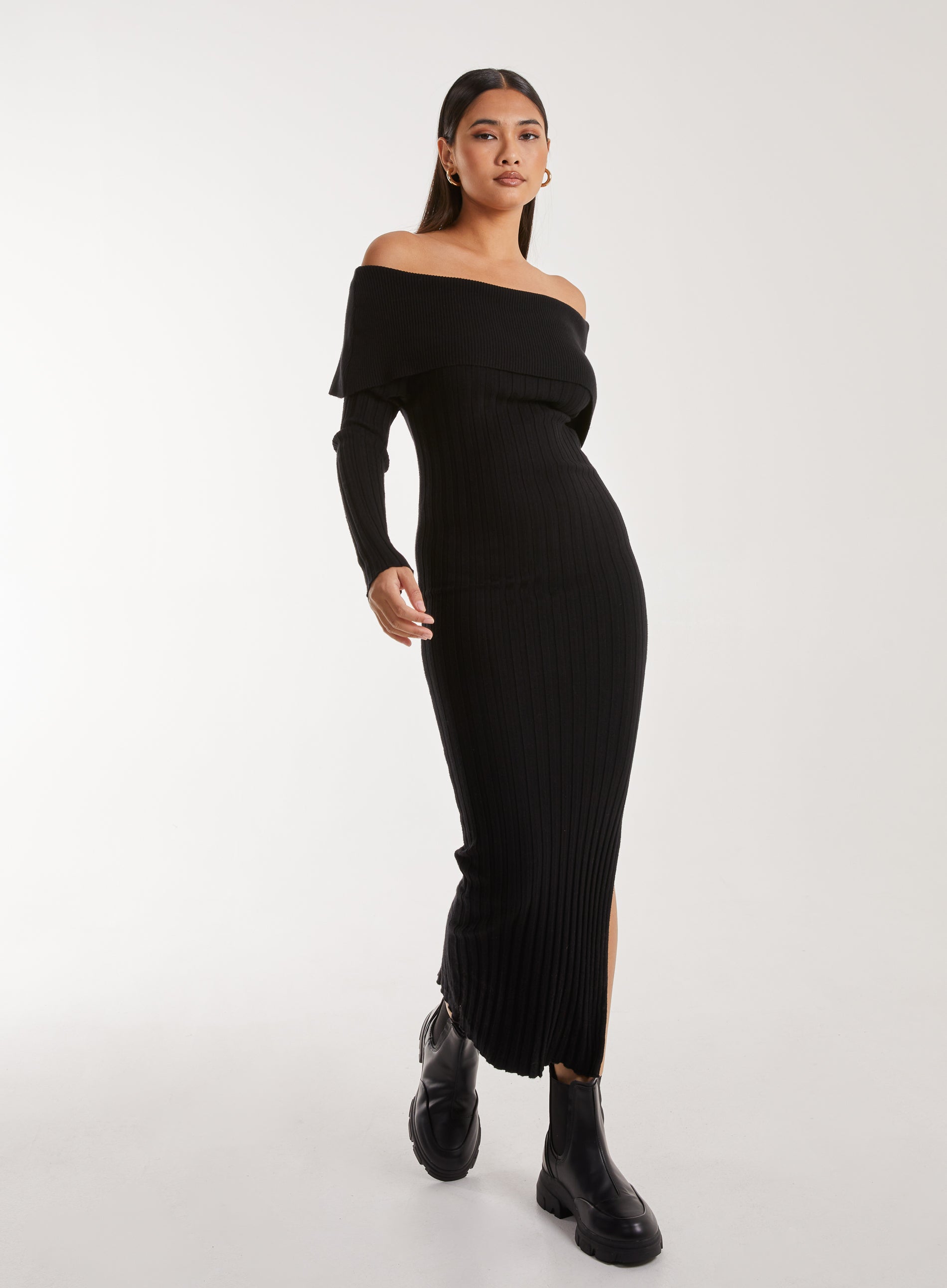 Pink Vanilla Womens Bardot Ribbed Knit Maxi Dress - Black - Size Large