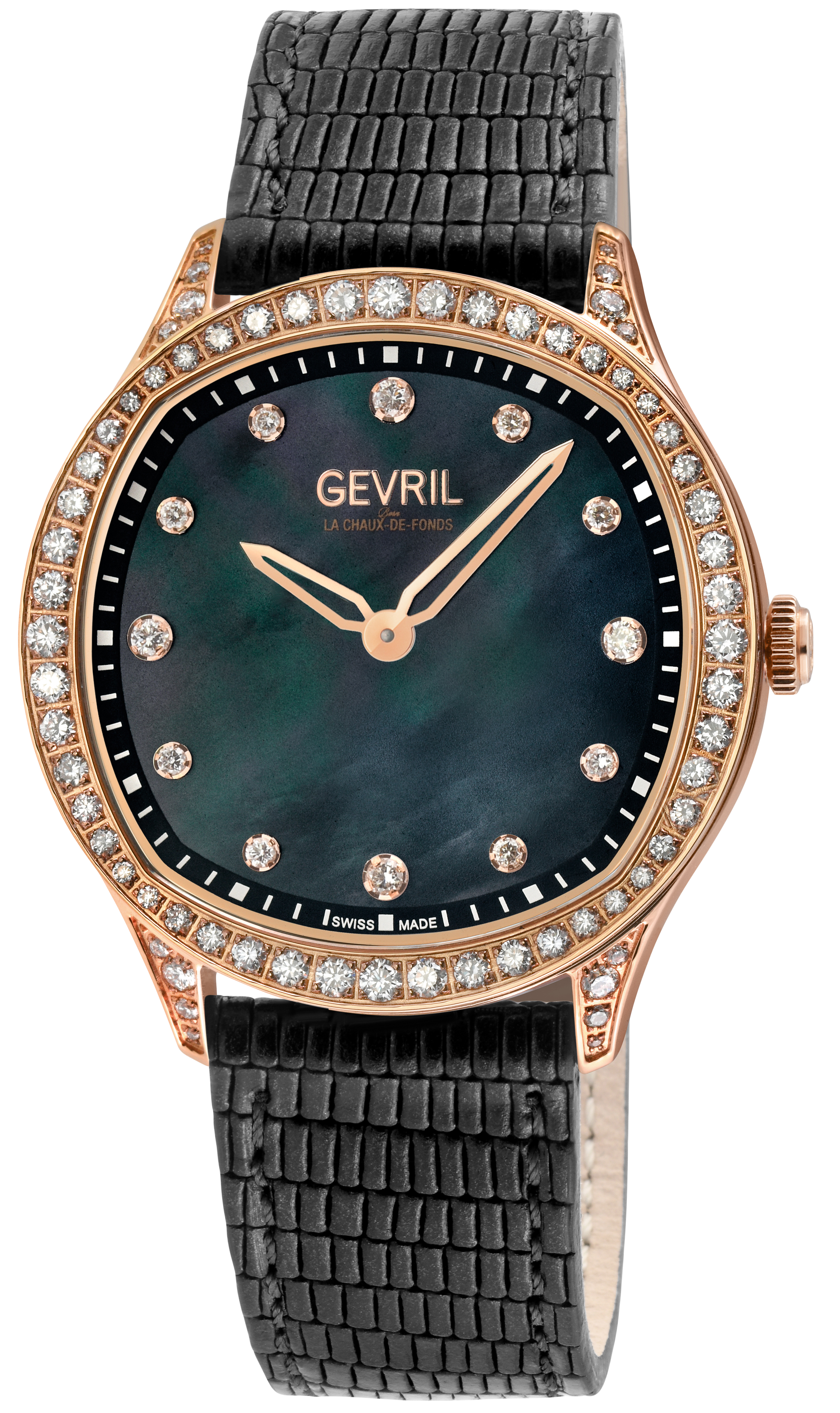 Gevril WoMens Morcote Swiss Diamond Black MOP, Genuine Italian Leather Watch – One Size