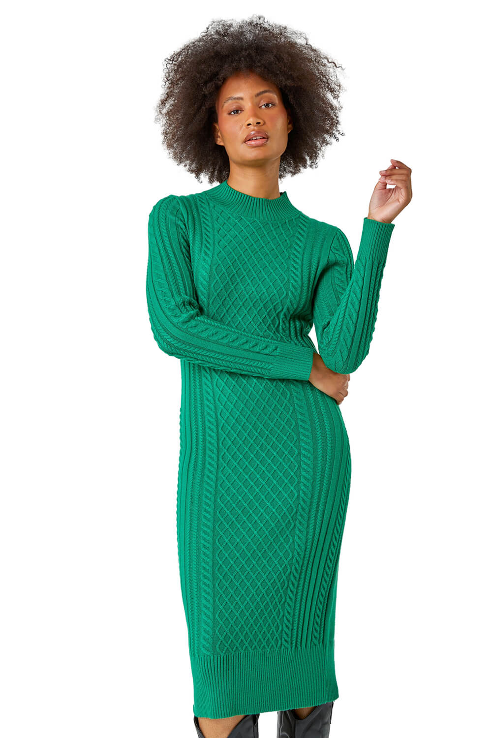 Dusk Womens Cable Knit Midi Jumper Dress - Green Leather - Size 18 UK