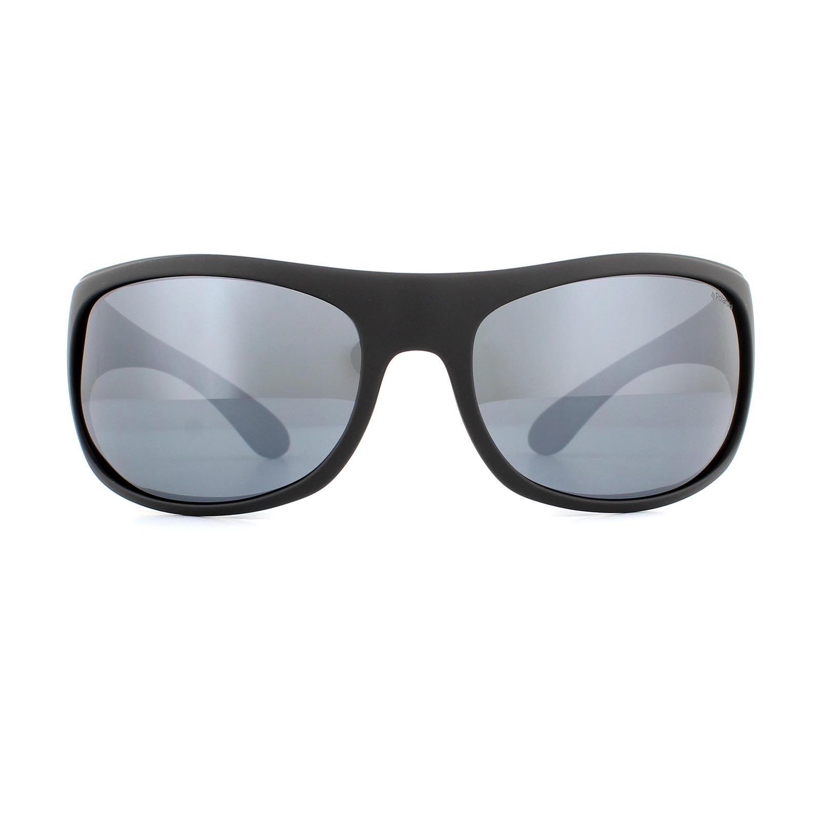 Thumbnail - Polaroid Sport Wrap Mens Matte Schwarz Grau Silber Polarisiert Spiegel Sonnenbrillen