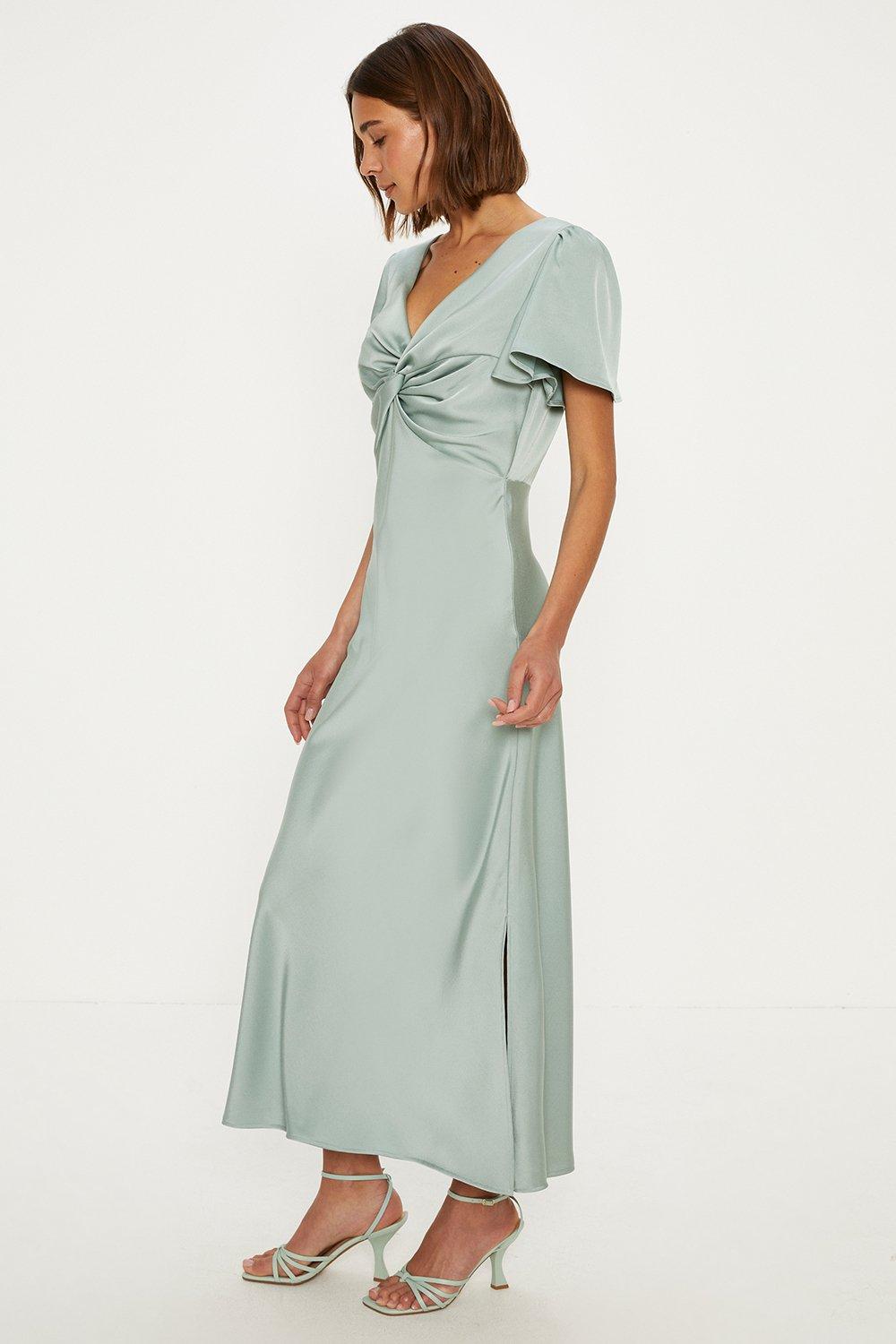 Oasis Womens Satin Twist Front Angel Sleeve Midi Bridesmaids Dress - Sage Green - Size 14 UK