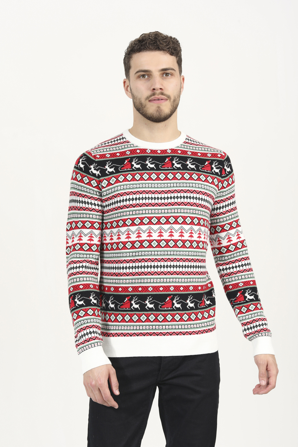 Brave Soul Mens Multicolour Crew Neck Knitted Jumper With Stripe Fairisle Pattern - Size X-Large