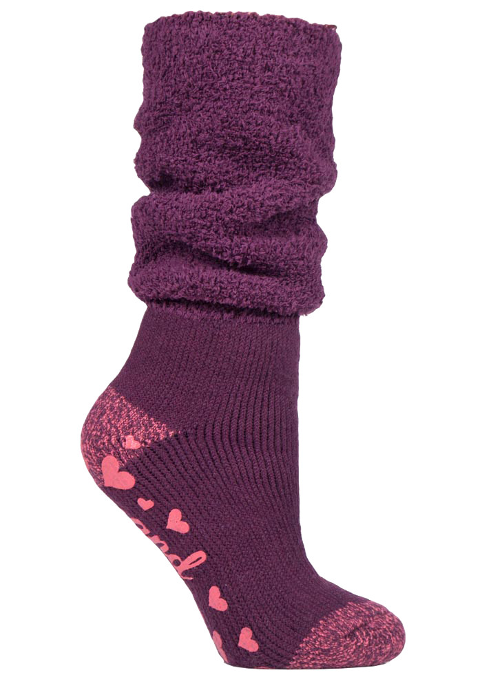 Thumbnail - Heat Holders Damen-Thermo-Bettsocken mit Greifern, weich, flauschig, Slouch-Oberteil, rutschfest, Weinrot (Slouch)