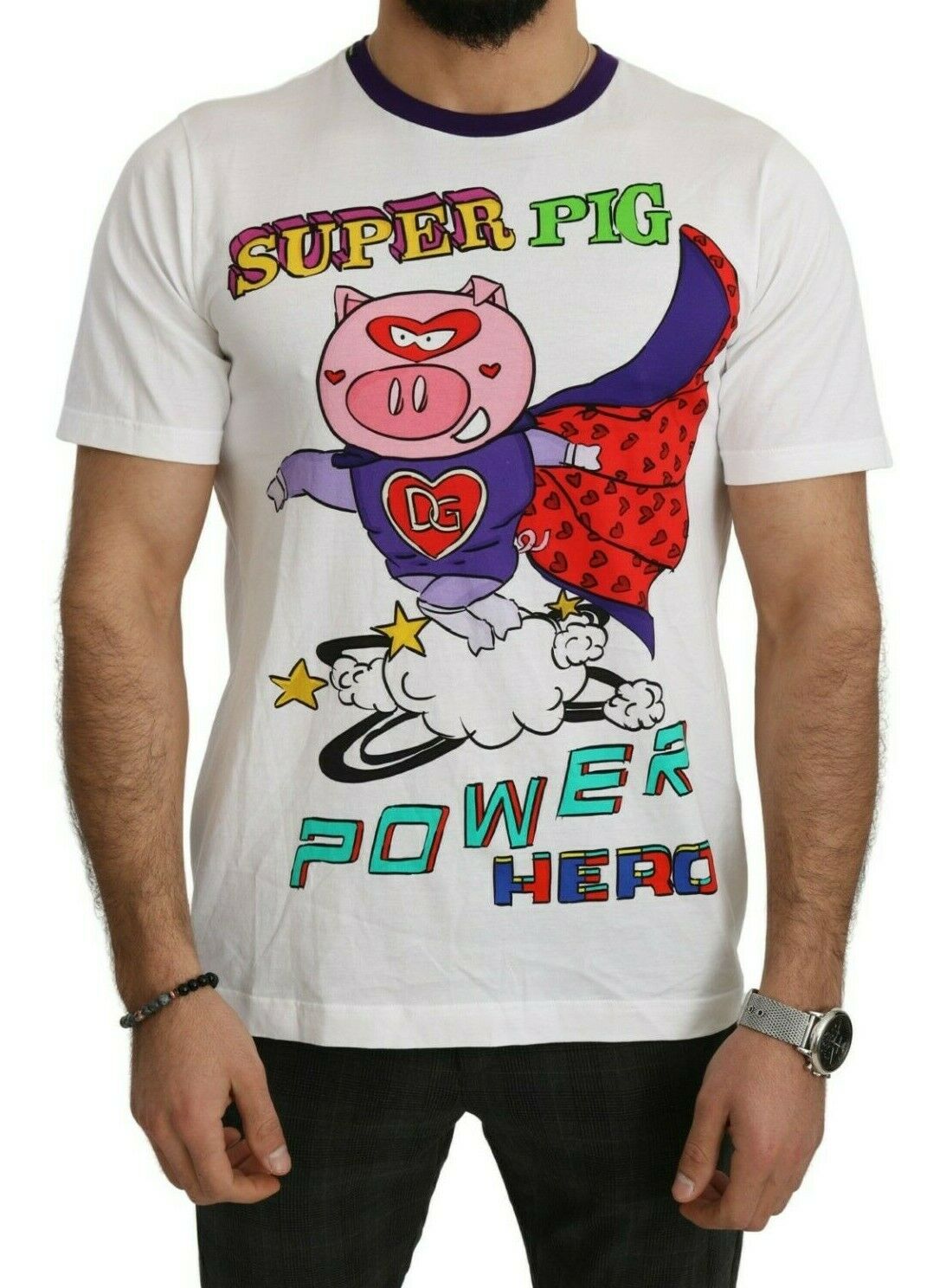 Thumbnail - Dolce Gabbana Weißes Baumwolloberteil Super Power Pig T-Shirt