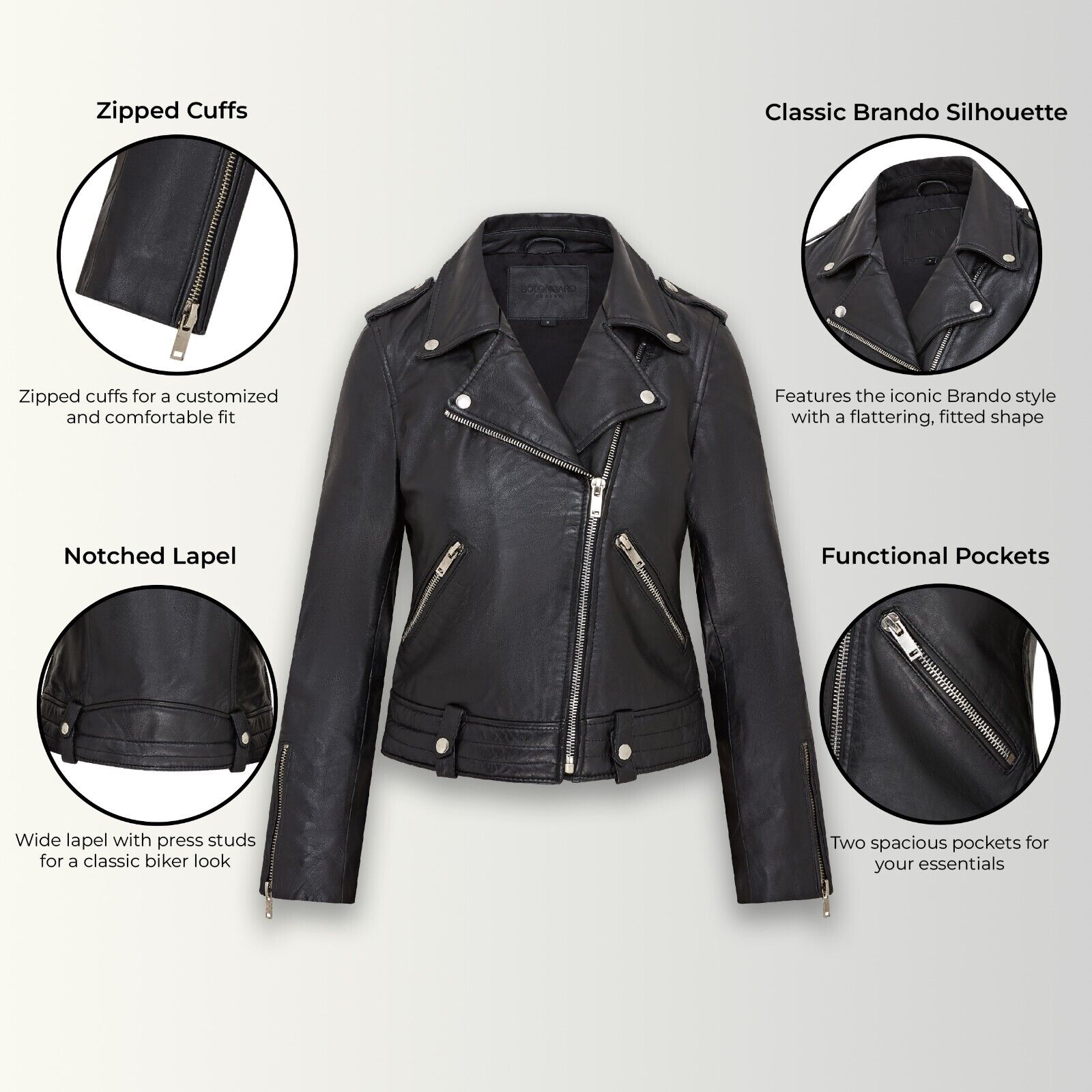 Infinity Leather Womens Black Leather Brando Jacket Chennai skinnjackor dam – bild 2