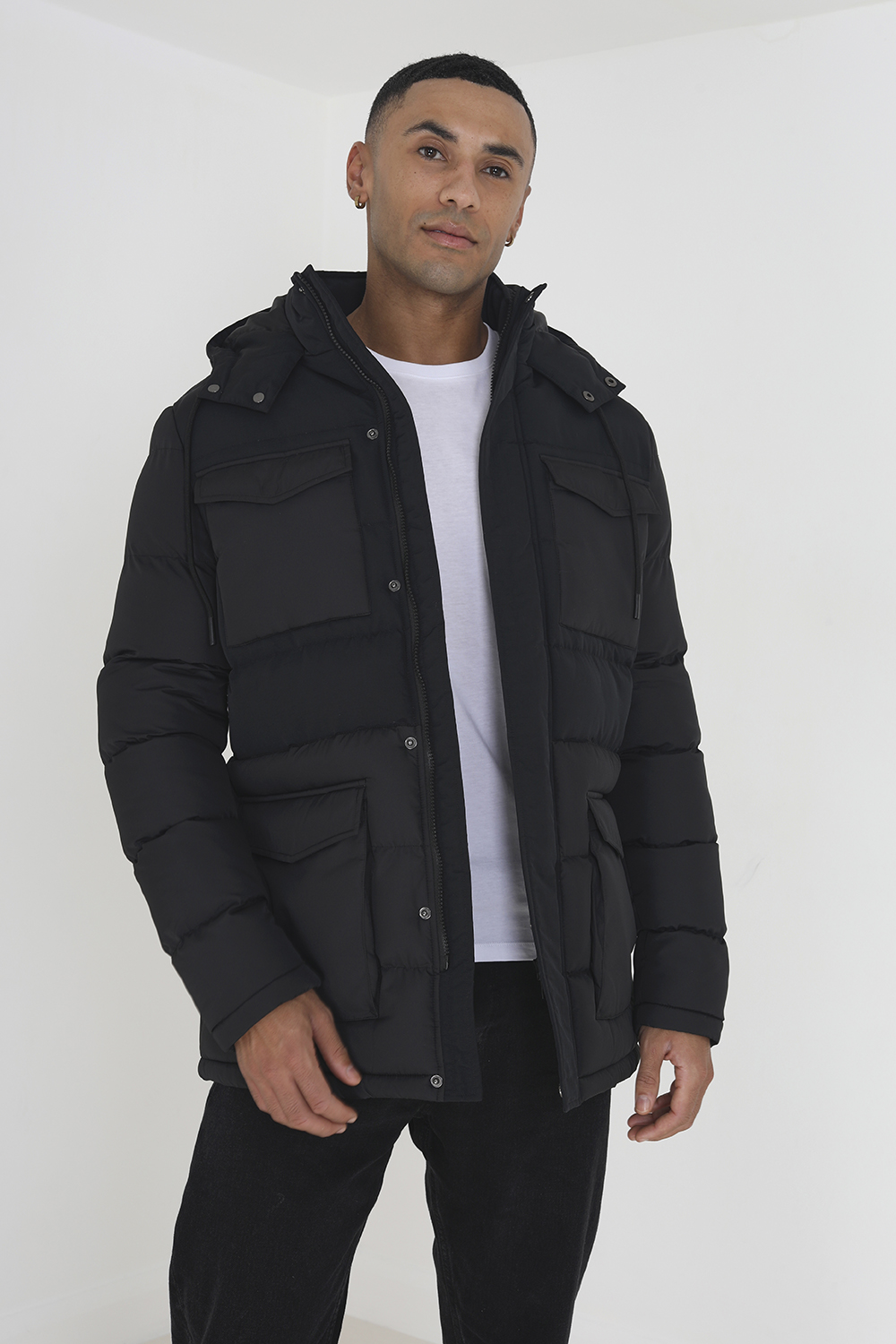 Brave Soul Mens Black 'Windsurf' Mixed Fabric Hooded Puffer Parka Jacket - Size Medium