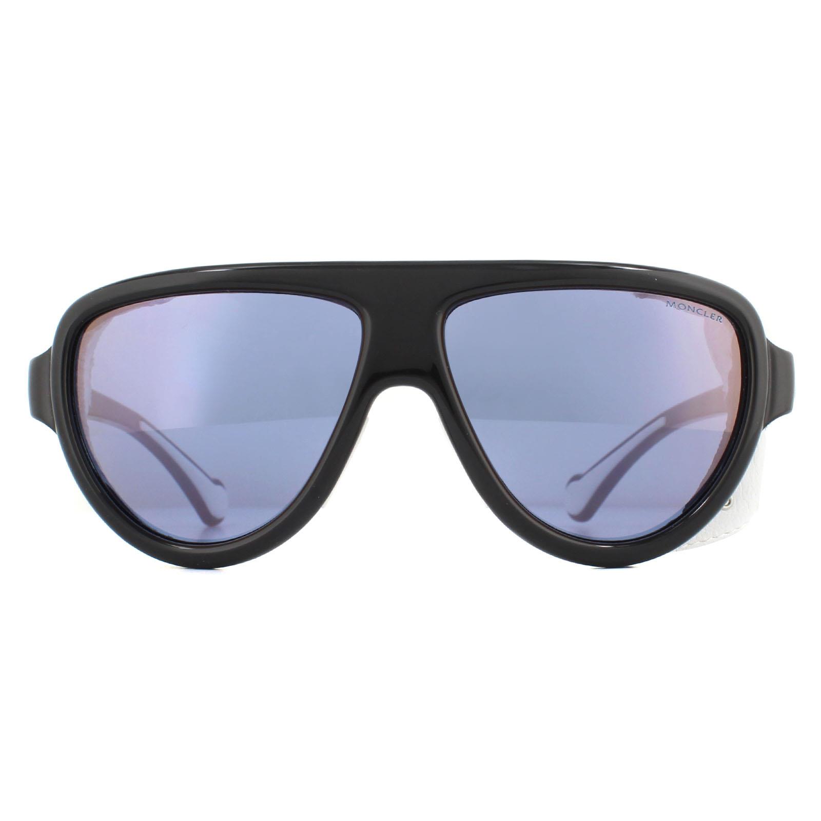 Moncler Aviator Unisex Black with White Leather Blue Violet Mirror Sunglasses – One Size