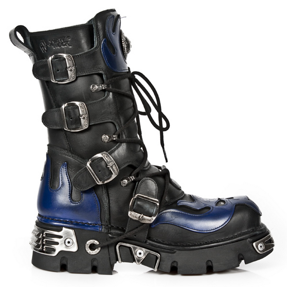 New Rock Unisex Svart/Blå läder Gothic Biker Skull Boots-107-C5 kängor dam – bild 2