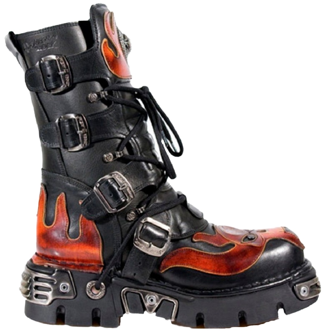 New Rock Flame Accented Biker Skull Boots i svart/rött läder 107-S1 kängor dam – bild 2