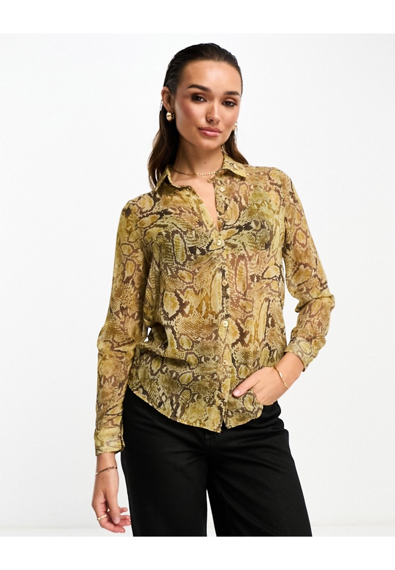 ASOS DESIGN Womens long sleeve soft shirt in brown snake print-Multi - Size 6 UK