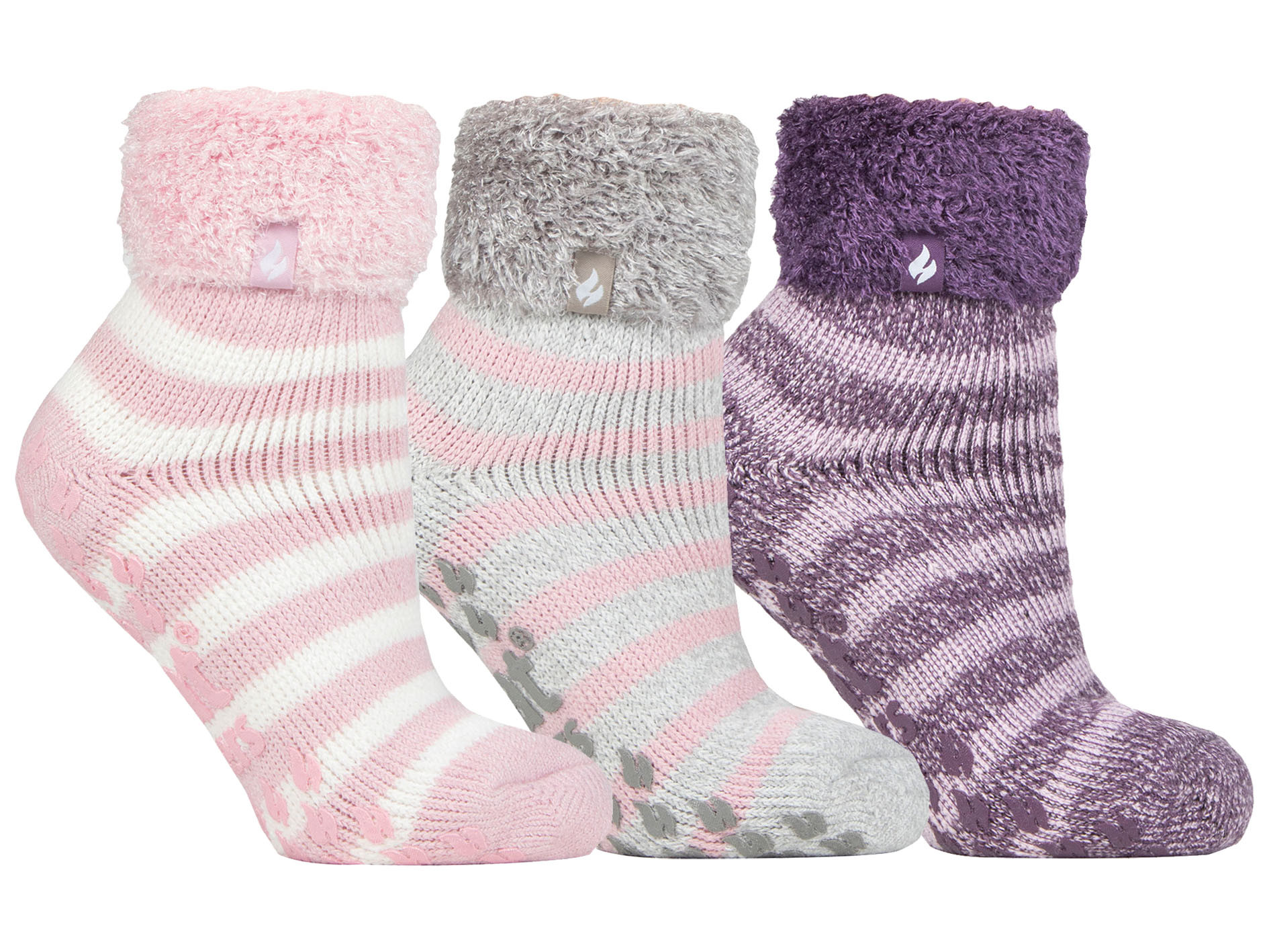Thumbnail - Womens Fluffy Slipper Bed Socks with Grips | Heat Holders | 3 Pair Multipack | Ladies Warm Fleece Lined Non Slip Socks |...