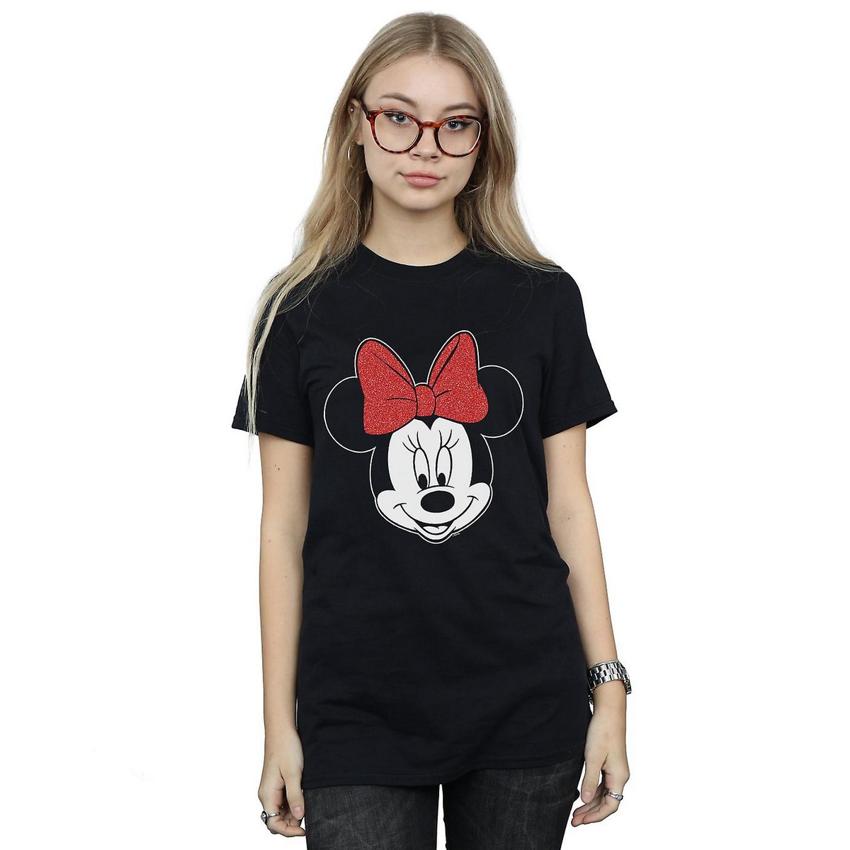 Thumbnail - Disney Damen/Damen Minnie Mouse Head Baumwolle Boyfriend T-Shirt (Schwarz)