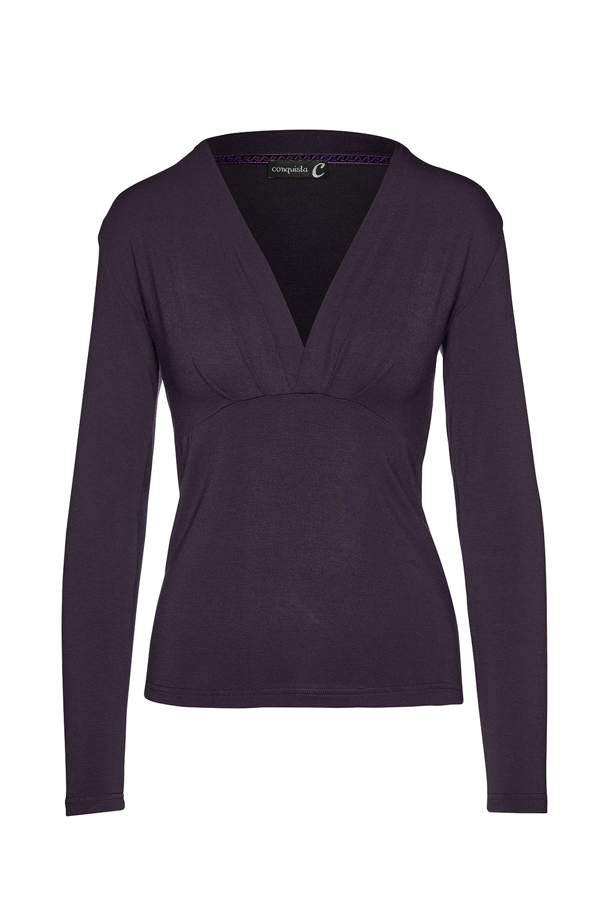 Thumbnail - Ink Langärmeliges Faux Wrap Top aus nachhaltigem Stretch-Jersey