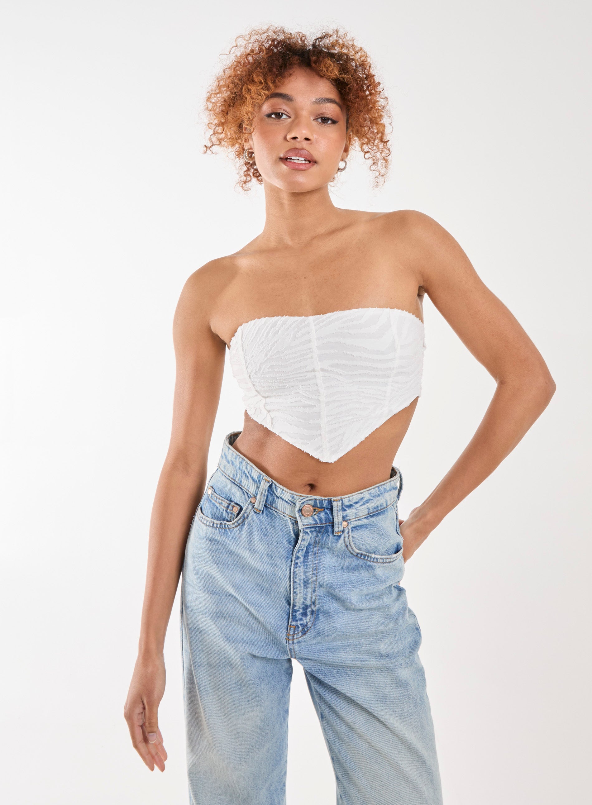 Pink Vanilla Women's Tiger Print Textured Corset Top in Ivory | Size: 14