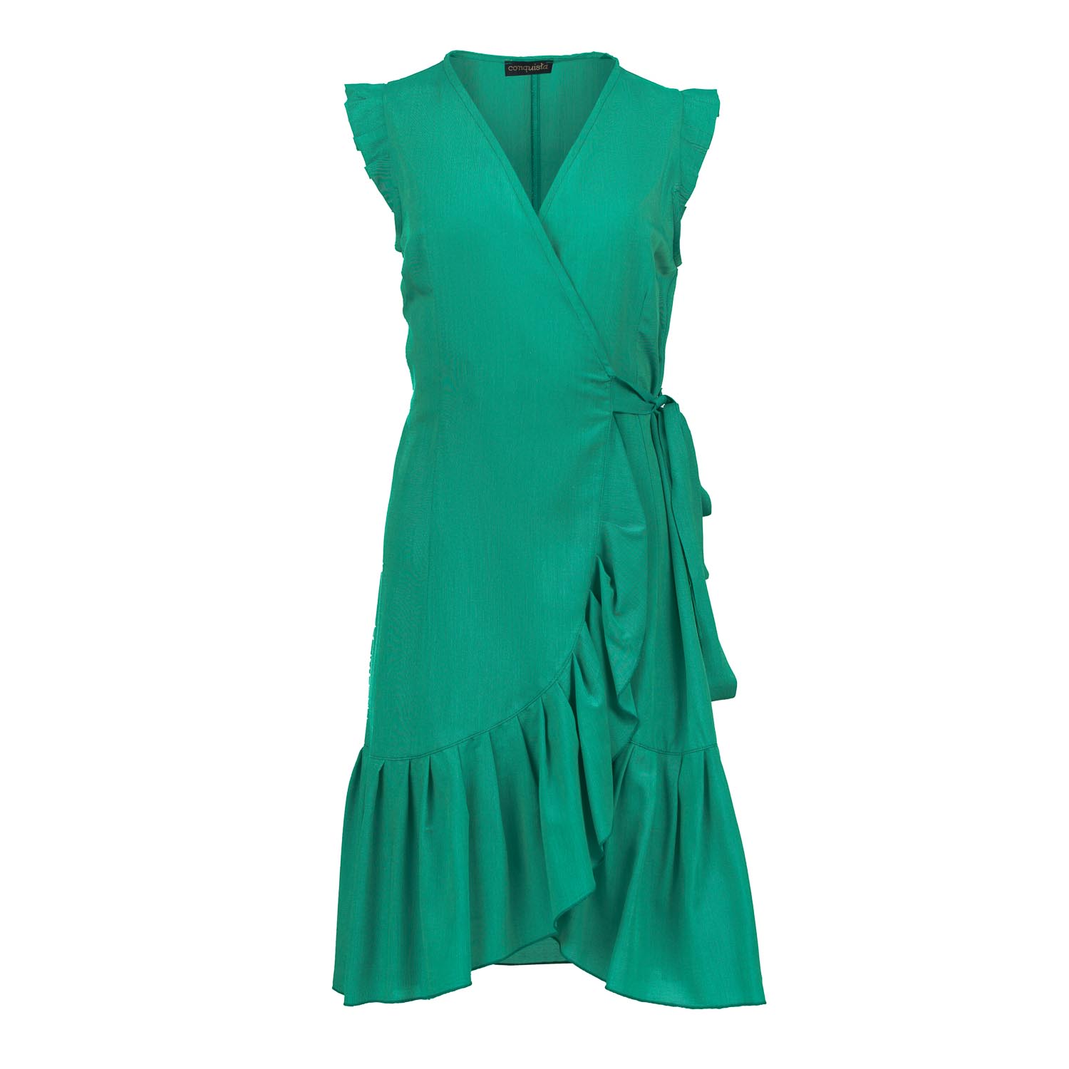 Smaragdgrünes ärmelloses Wickelkleid mit Rüschen aus Viskose-Popeline