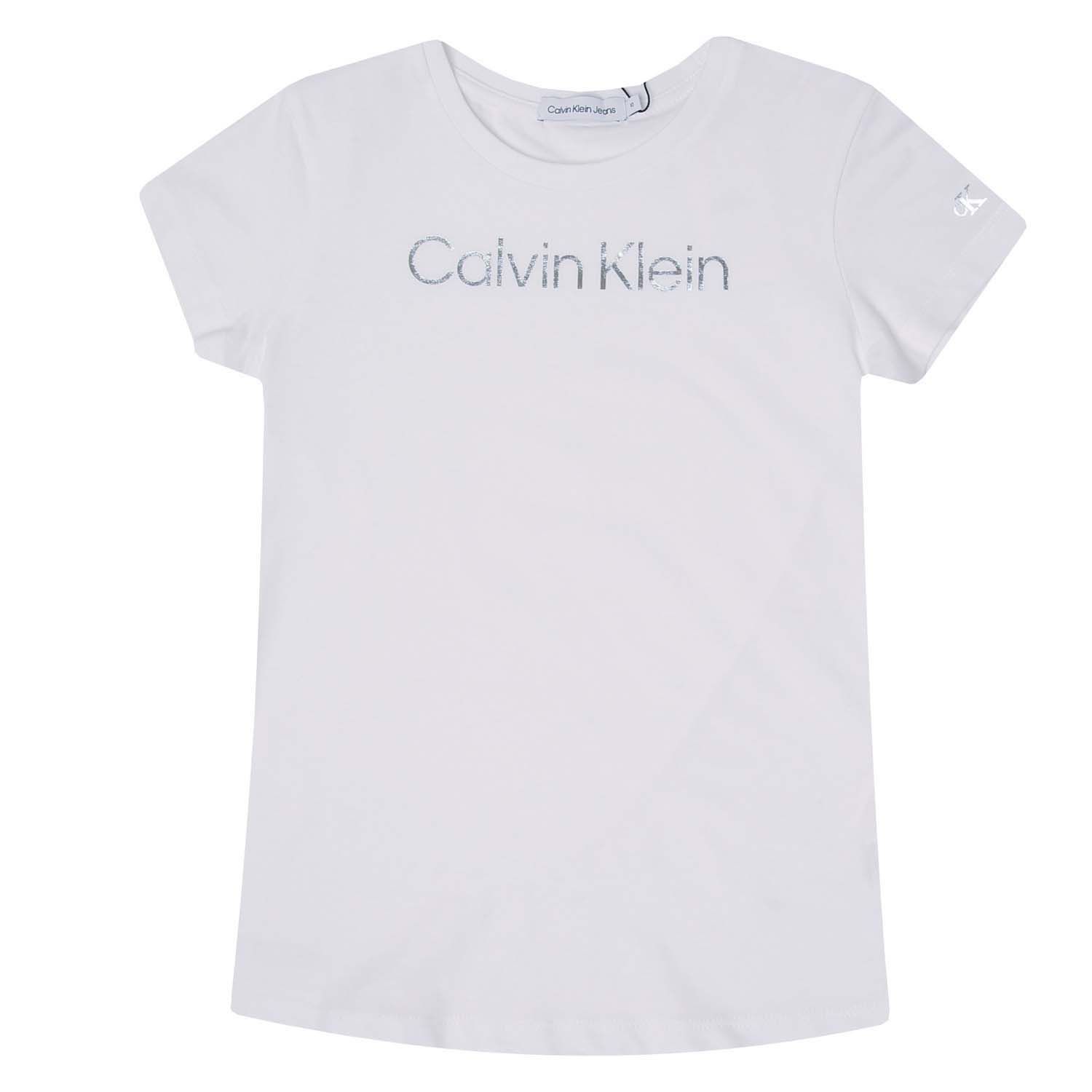 Girl's Calvin Klein Junior Slim Metallic Logo T-Shirt in White