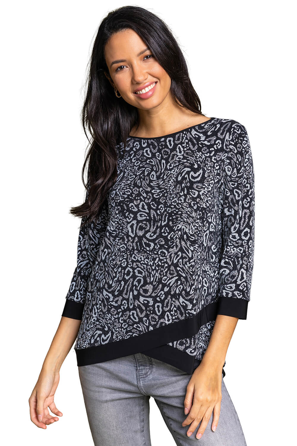 Roman Womens Shimmer Animal Print Asymmetric Top - Size 10 UK