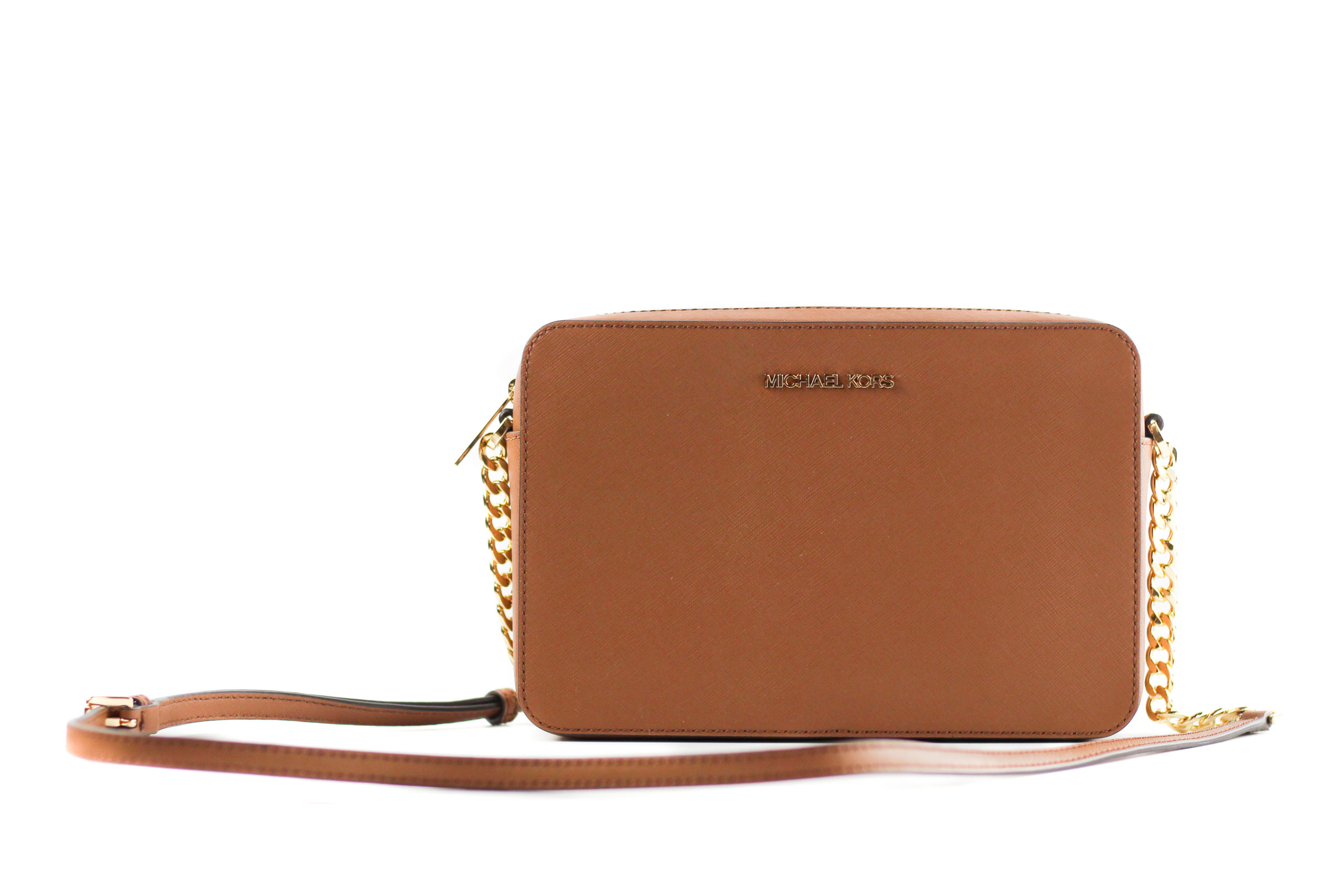 Thumbnail - Michael Kors Femme Jet Set Large East West Saffiano Leather Crossbody Bag Handbag (Luggage Solid/Gold)