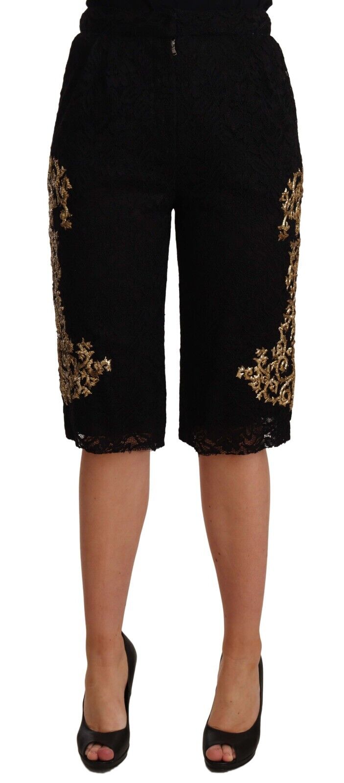 Dolce & Gabbana Womens Black Lace Gold Baroque SPECIAL PIECE Shorts Nylon – Size 8 UK