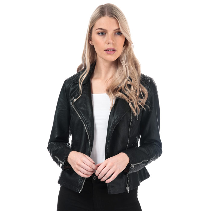 Only Womens Gemma Faux Leather Biker Jacket in Black - Size 8 UK