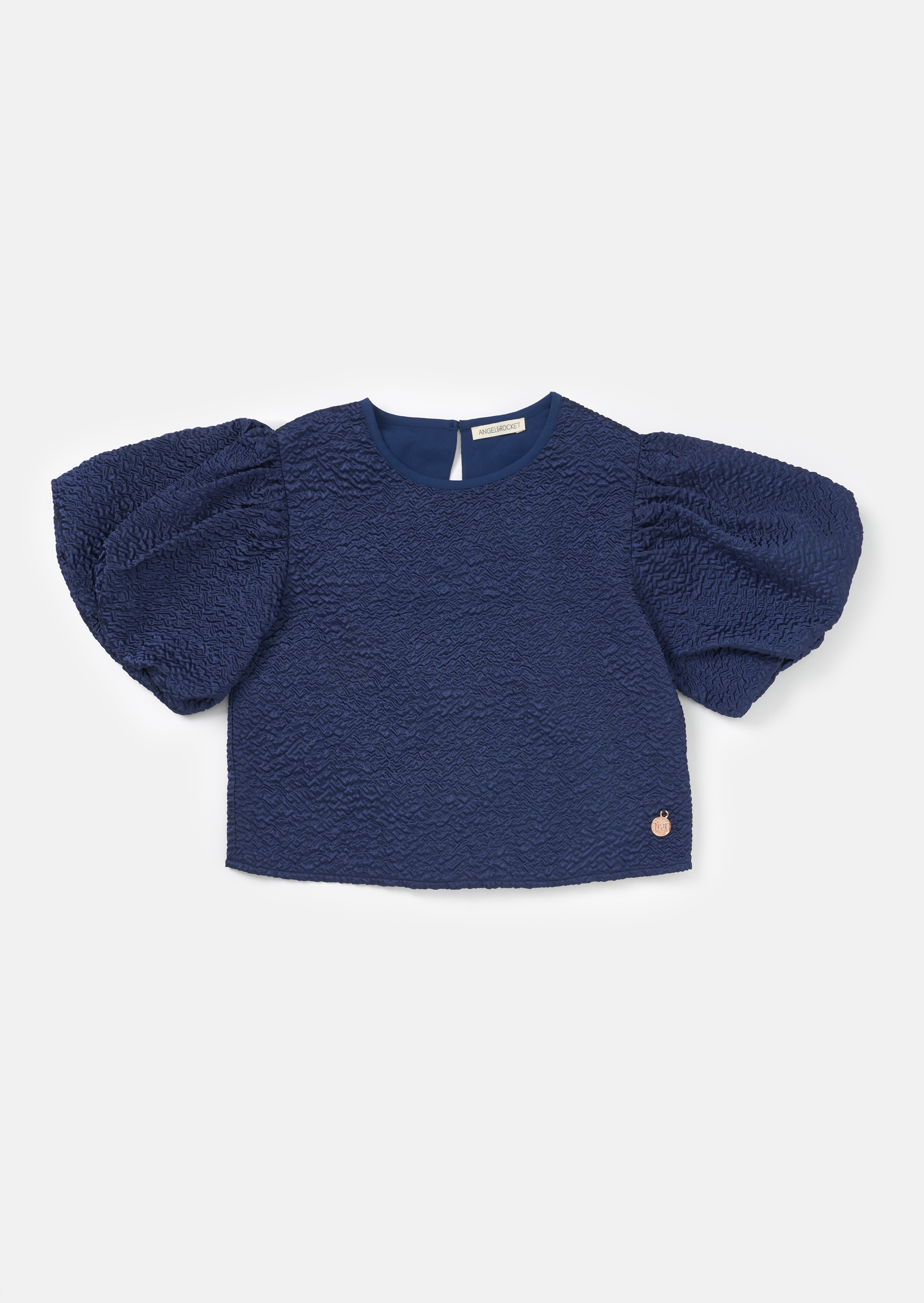 Angel & Rocket Girls Eva Bubble Textured Puff Sleeve Top - Navy - Size 3Y