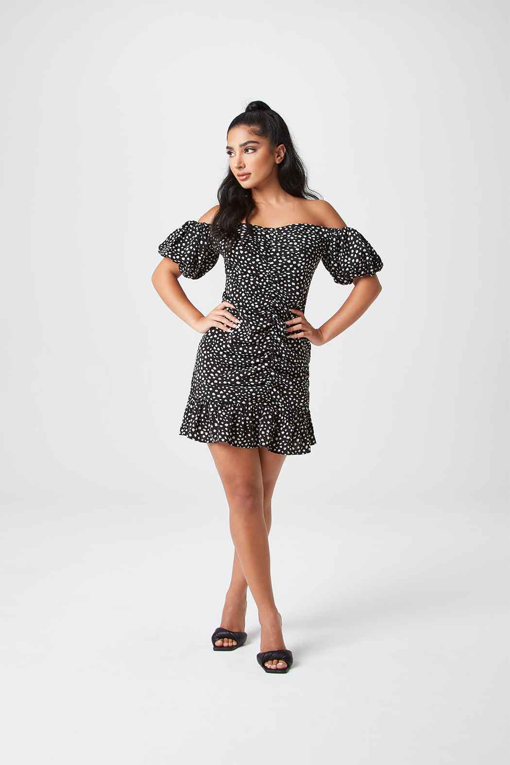 Urban Bliss Womens Black Spot Ruche Front Dress - Size 10 UK