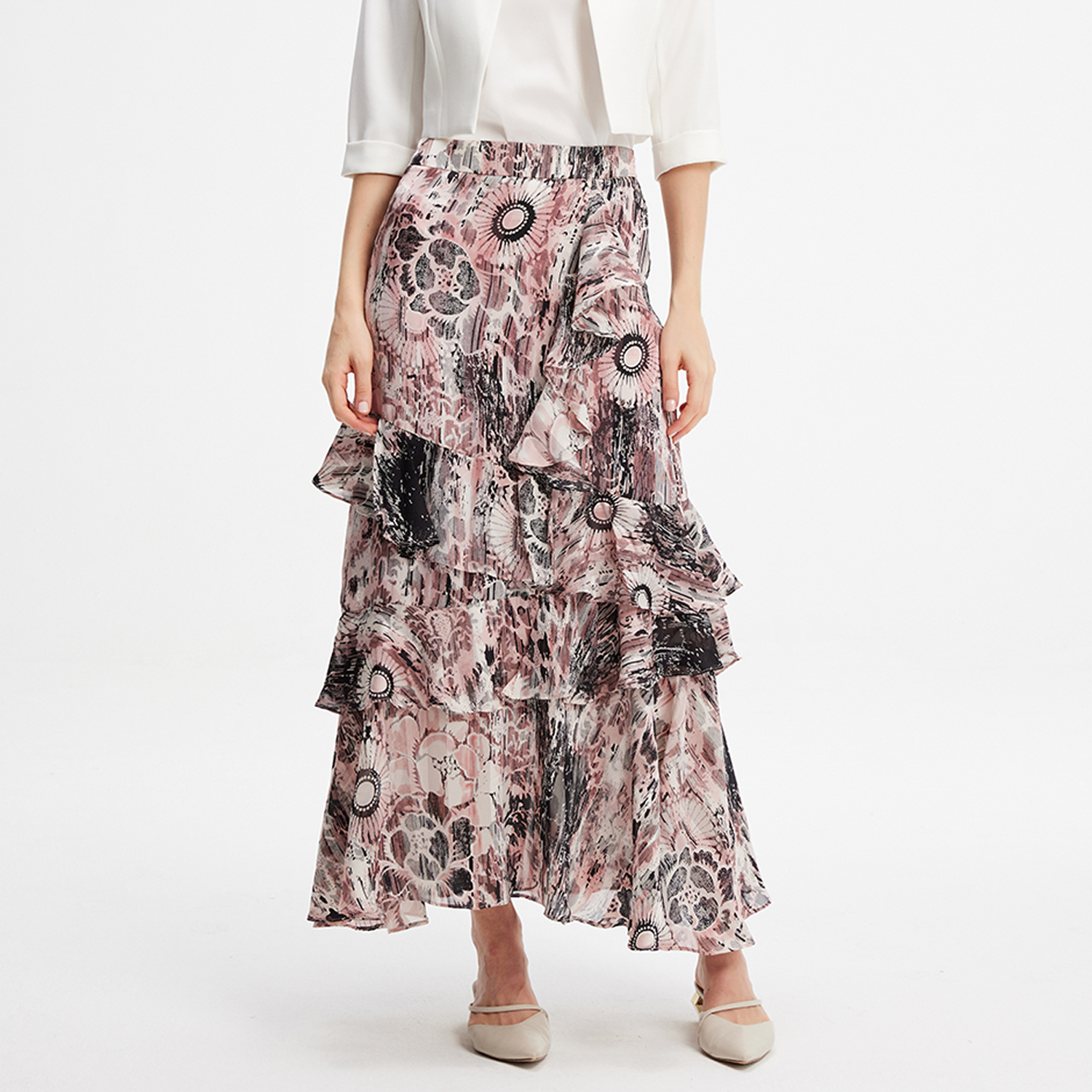 Lange Chiffon Rok Met Ruches Bloemenprint-image