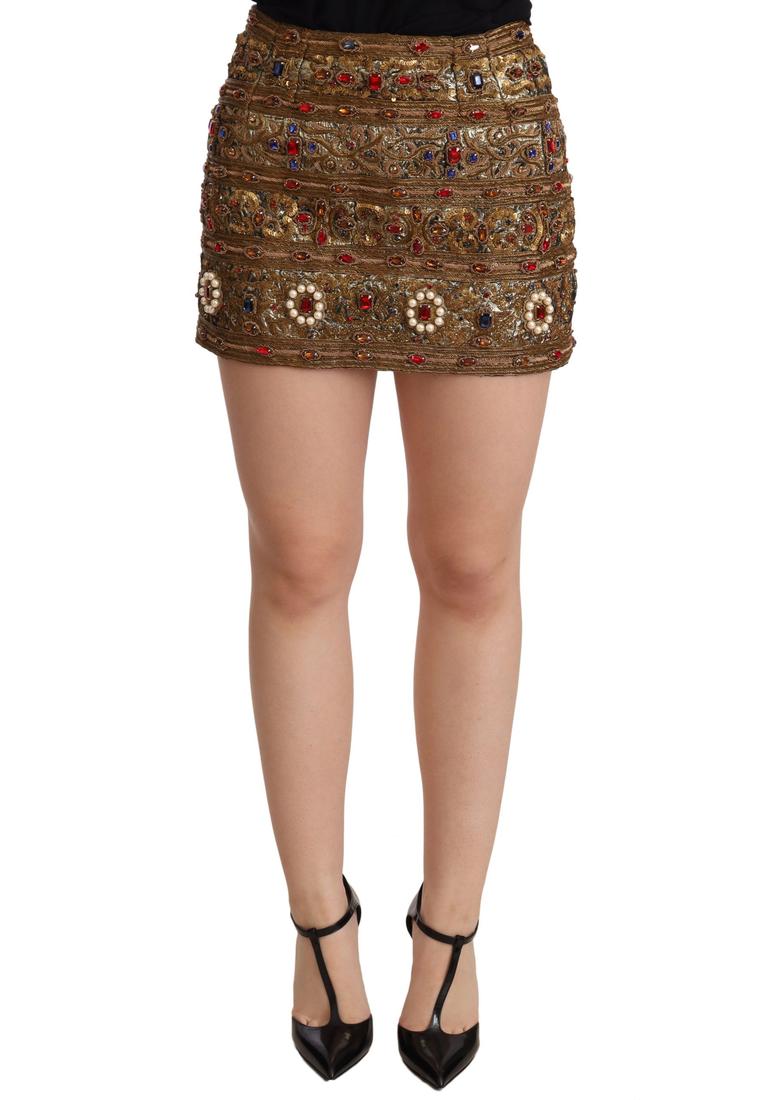 Dolce & Gabbana WoMens Gold Crystal Jacquard High Waist Skirt Cotton – Size IT 38 (Womens)