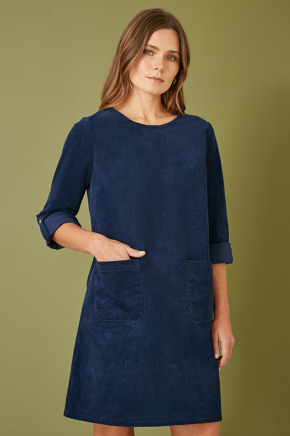 Yumi Womens Navy Cord Tunic Dress With 3/4 Sleeves And Pockets Cotton - Size 8 UK