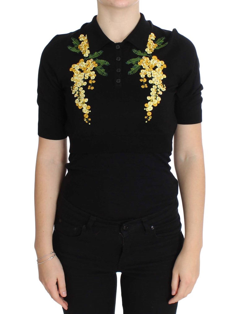 Thumbnail - Dolce & Gabbana Schwarzes Seiden Polo-Shirt mit floralem Stickerei