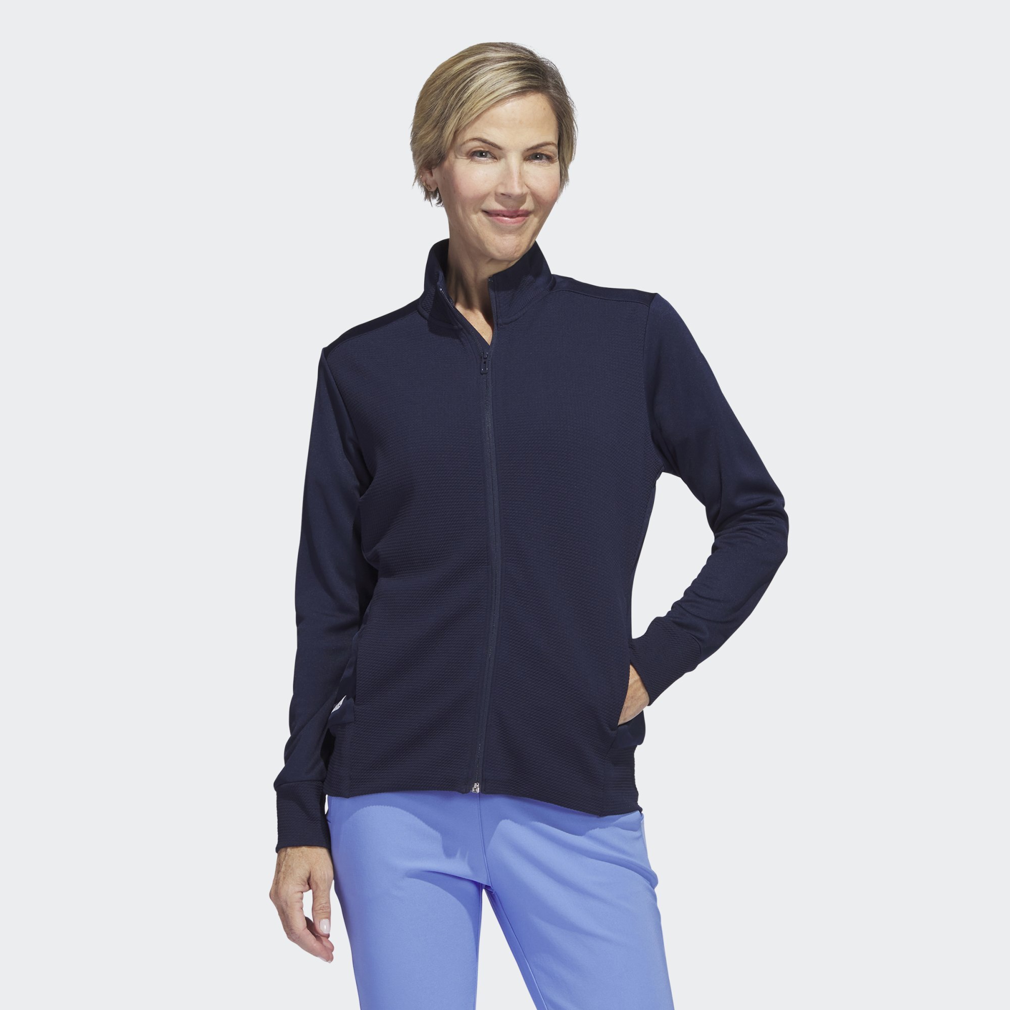 adidas Performance Womens Textured Full-Zip Golf Jacket - Navy Recycled Material - Size Large - PAYDAY