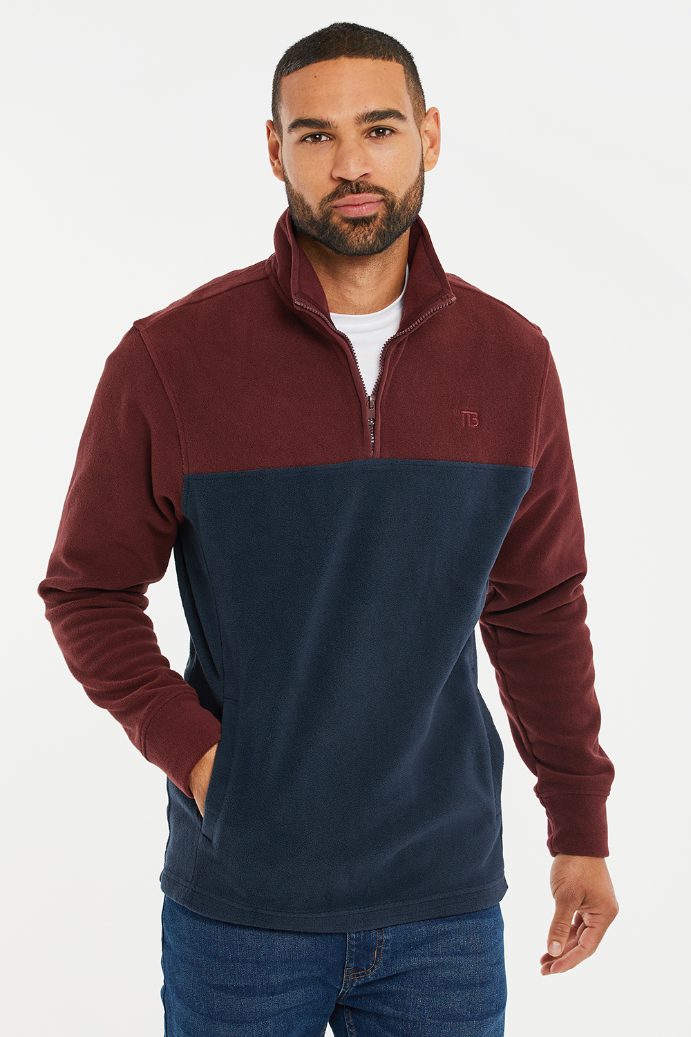Threadbare Mens Burgundy 'Wham' Two Tone Quarter Zip Fleece Jumper - Size Small