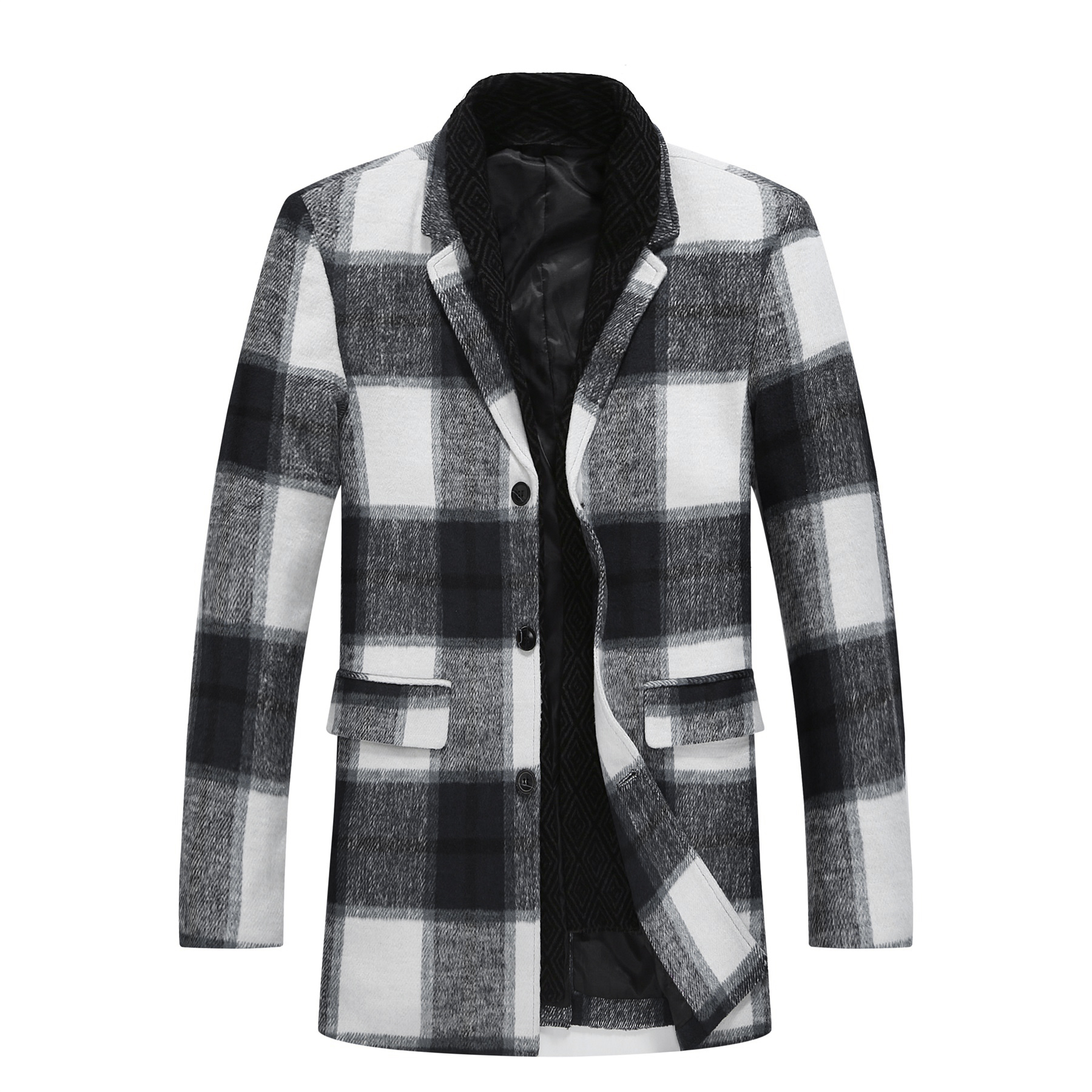 Thumbnail - Herren Lang Slim Fit Karierter Winter Dicker Mantel mit Schalkragen Wei?