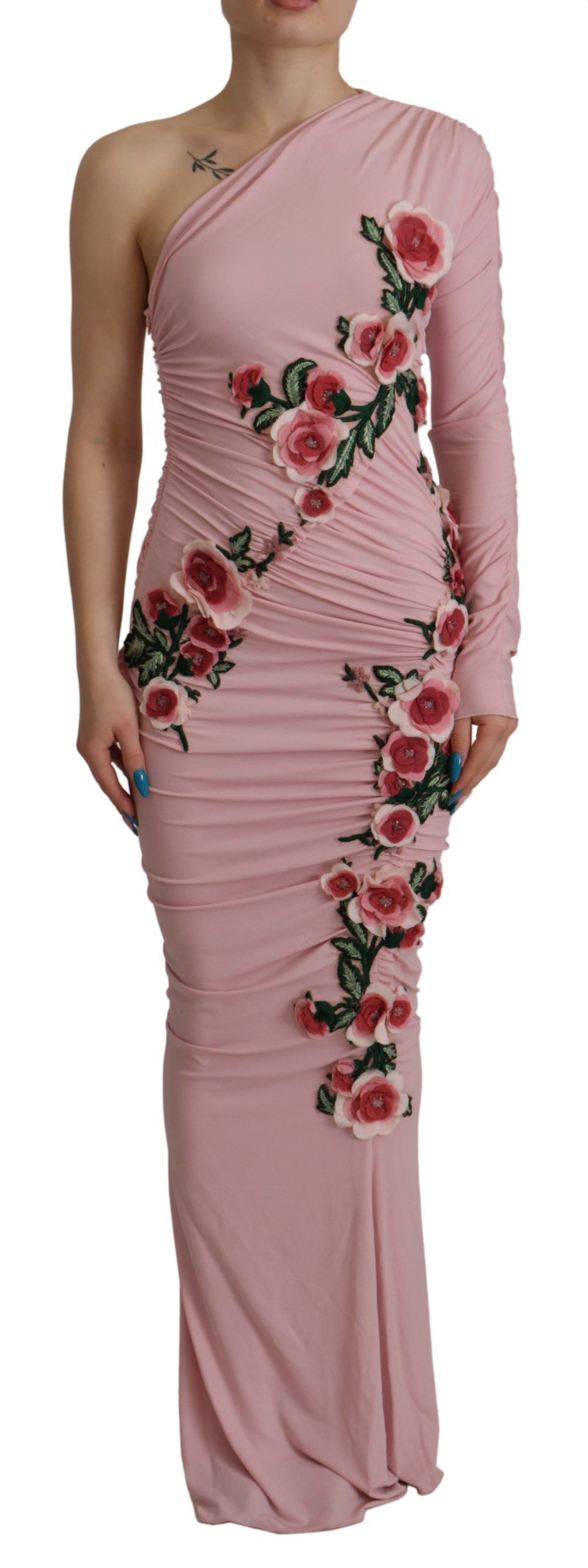 Dolce & Gabbana Rosa Blumenverziertes Ein-Schulter Damenkleid