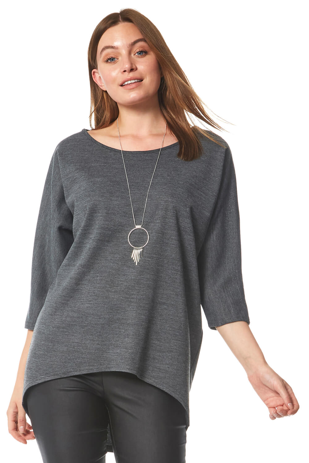 Roman Womens Necklace Detail Batwing Slouch Lounge Top - Grey - Size Small