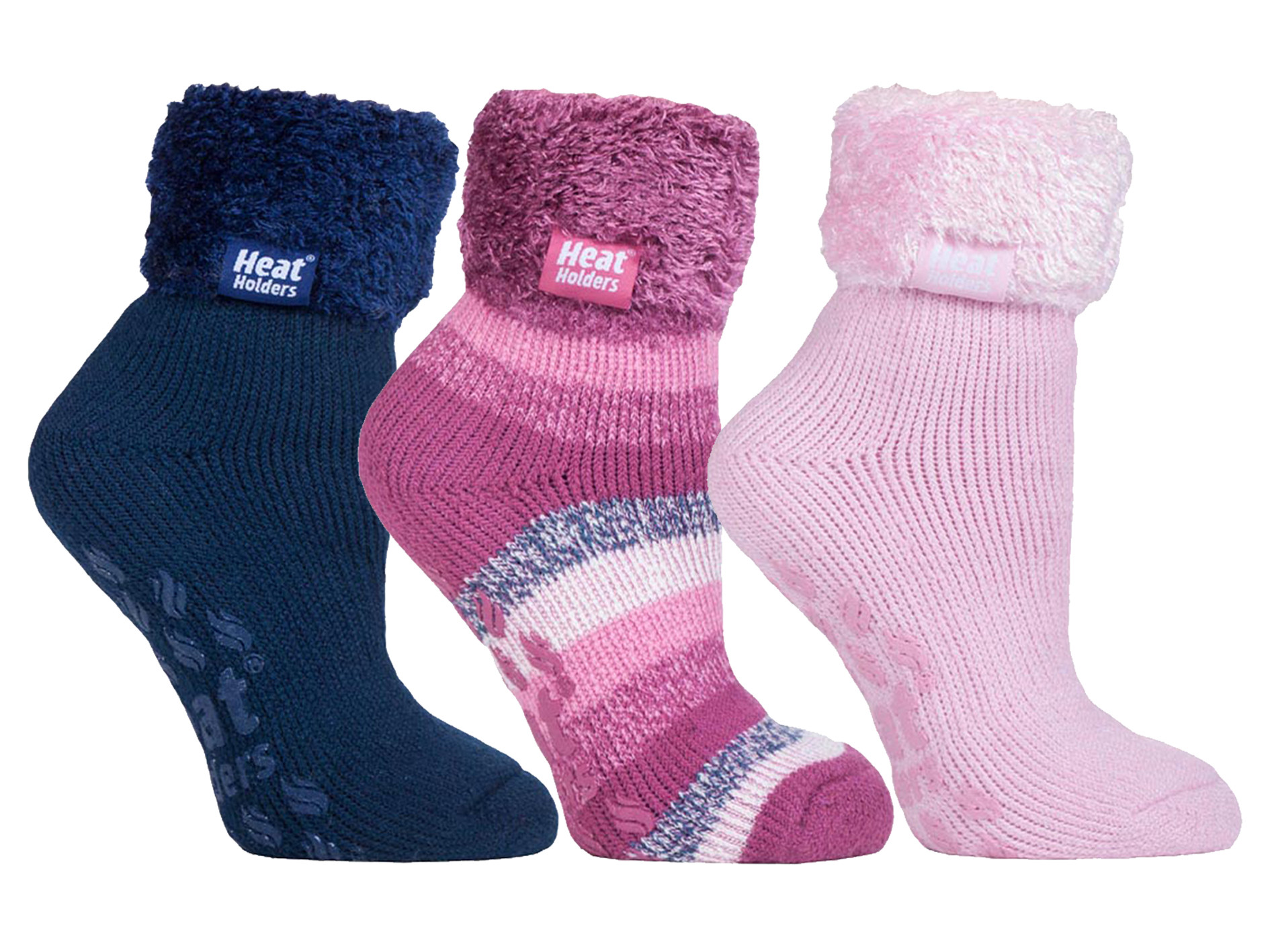 Thumbnail - Womens Fluffy Slipper Bed Socks with Grips | Heat Holders | 3 Pair Multipack | Ladies Warm Fleece Lined Non Slip Socks |...