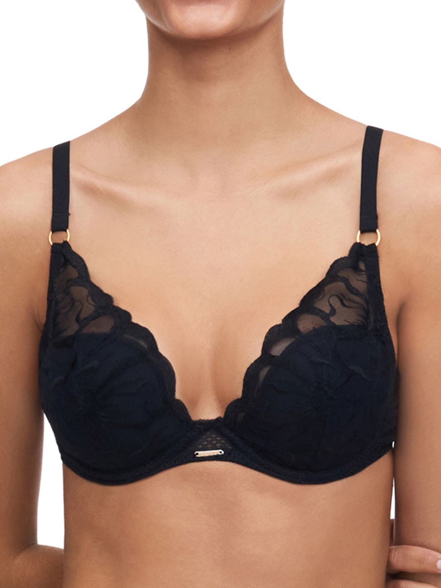 Chantelle Womens Fleurs Plunge T-Shirt Bra - Black Nylon - Size 30E