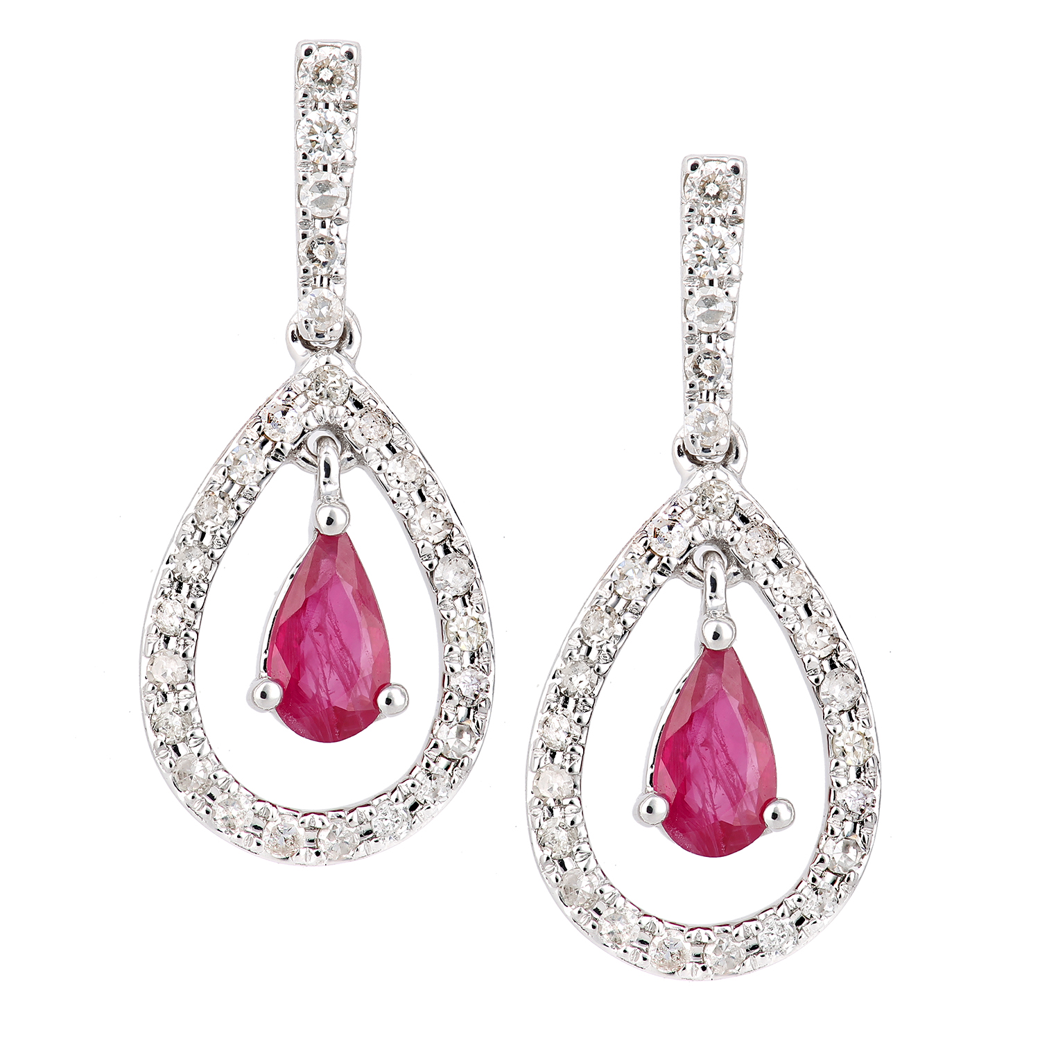 Diamant L’Eternel Womens 18ct White Gold Ruby and Diamond Teardrop Drop Earrings – One Size